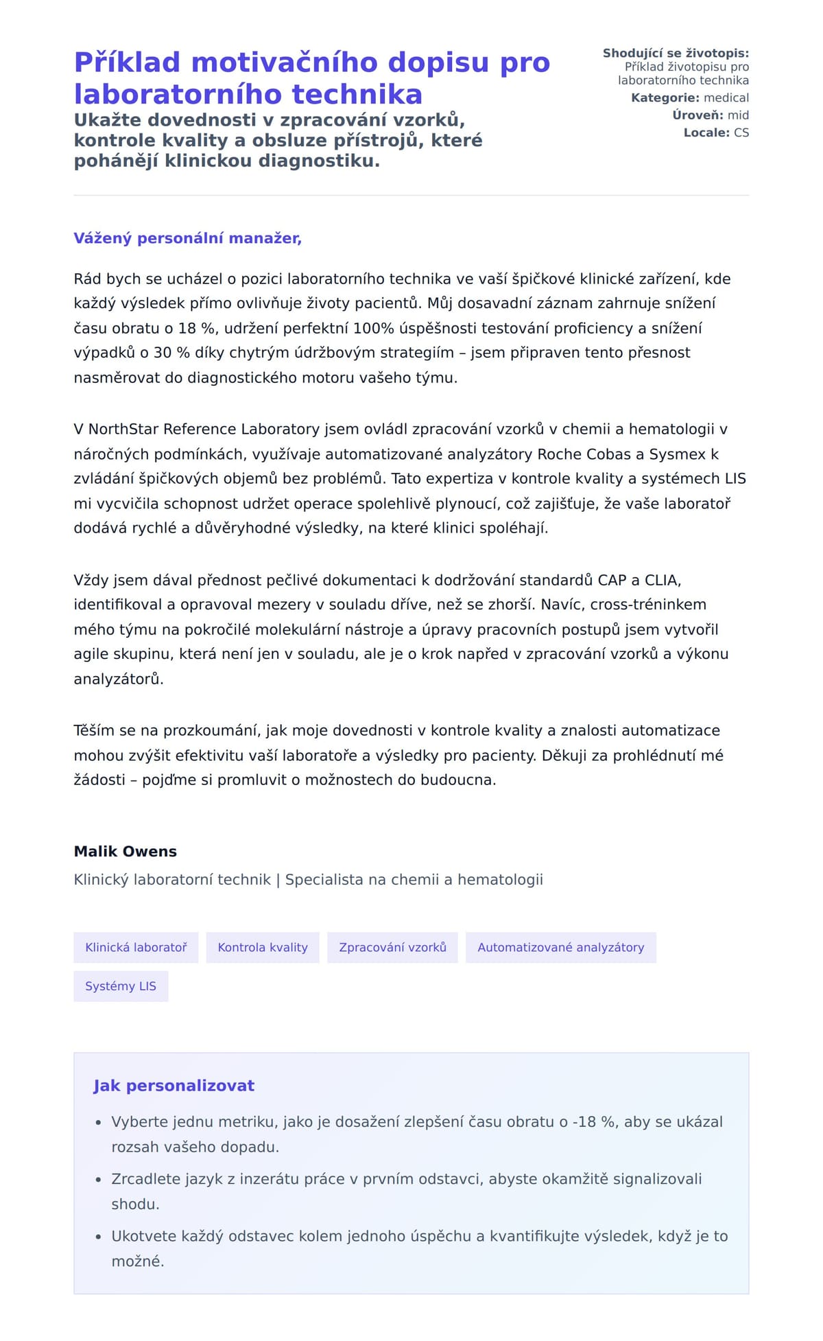 Náhled motivačního dopisu pro Příklad motivačního dopisu pro laboratorního technika