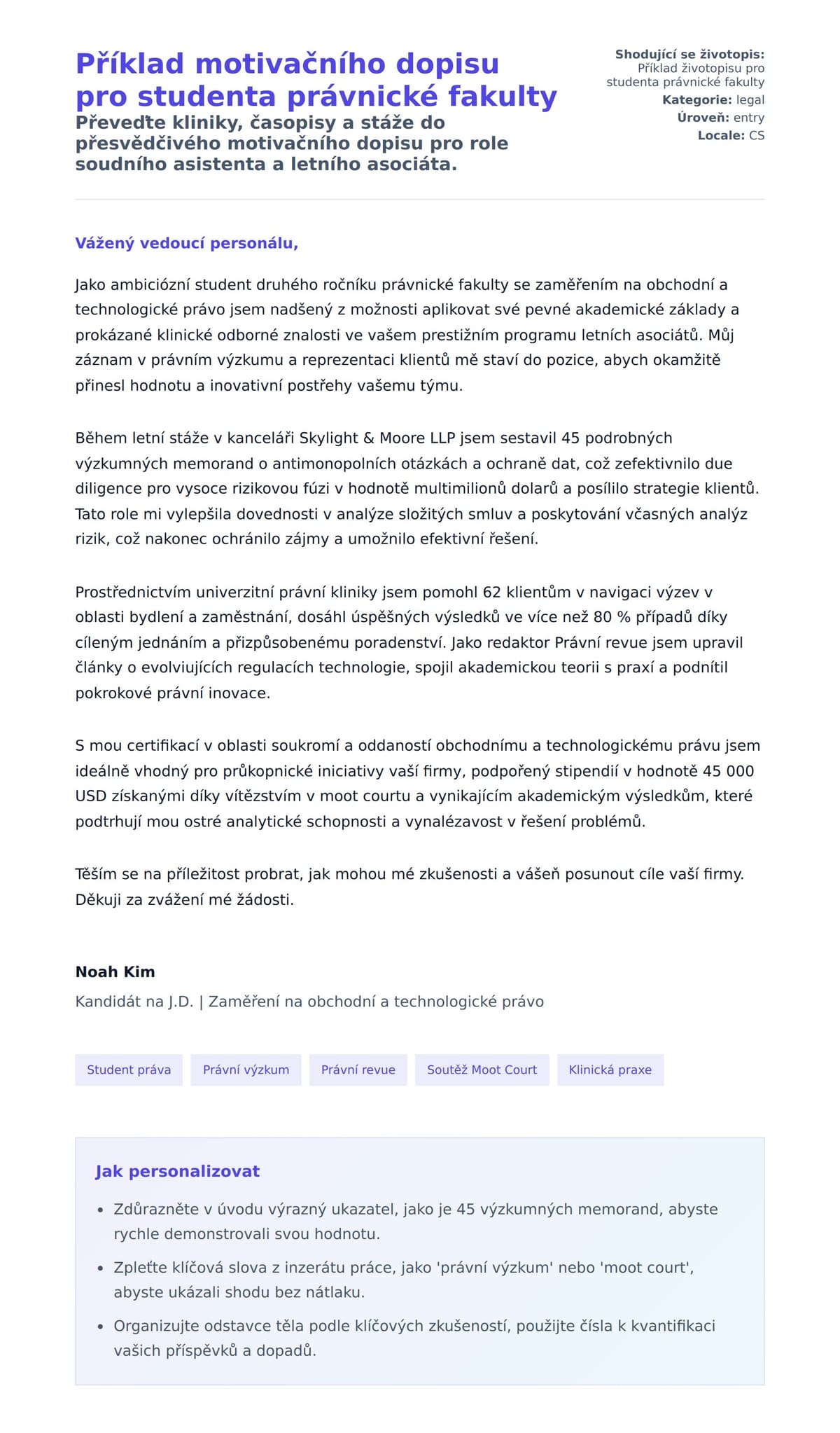 Náhled motivačního dopisu pro Příklad motivačního dopisu pro studenta právnické fakulty