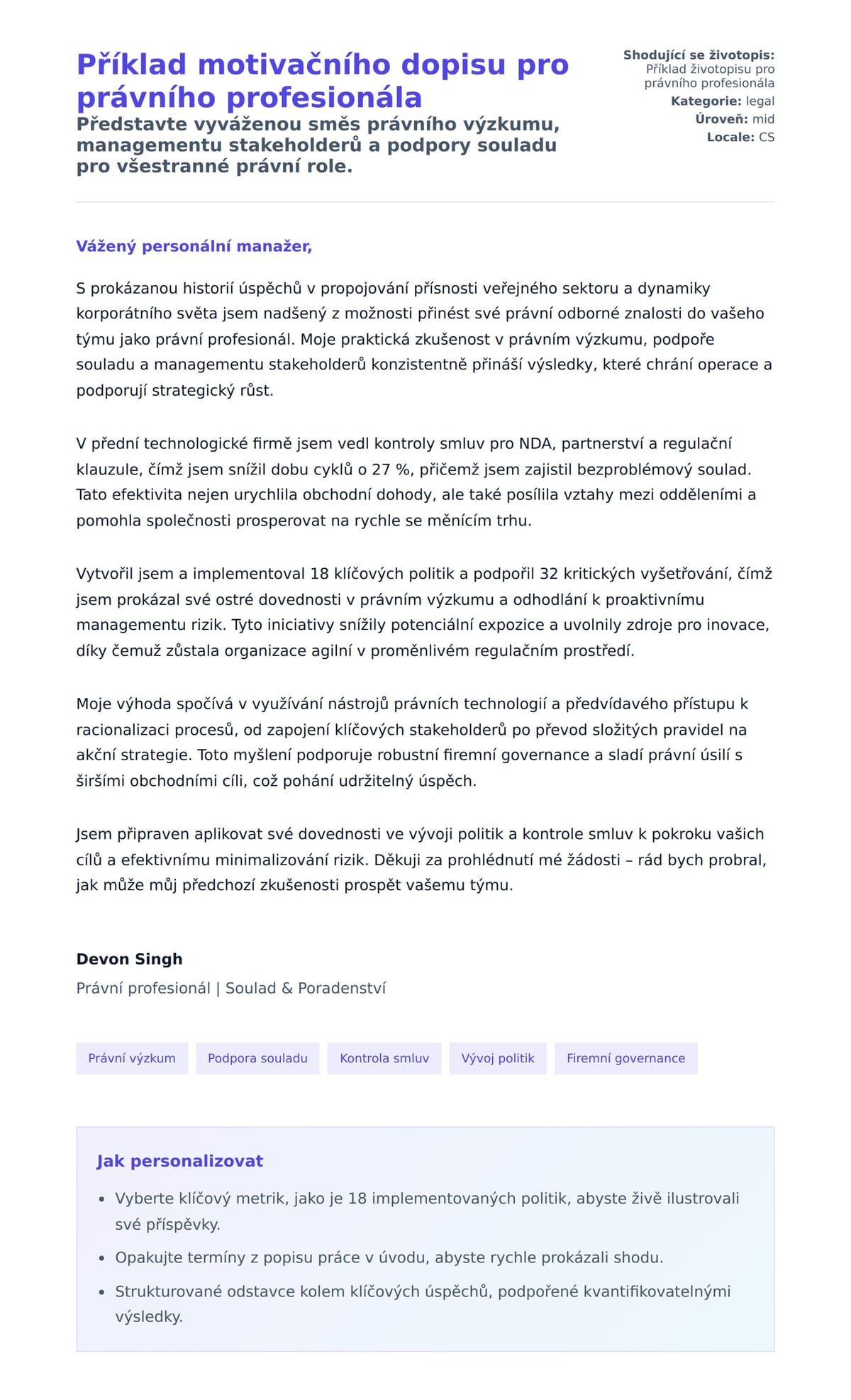 Náhled motivačního dopisu pro Příklad motivačního dopisu pro právního profesionála