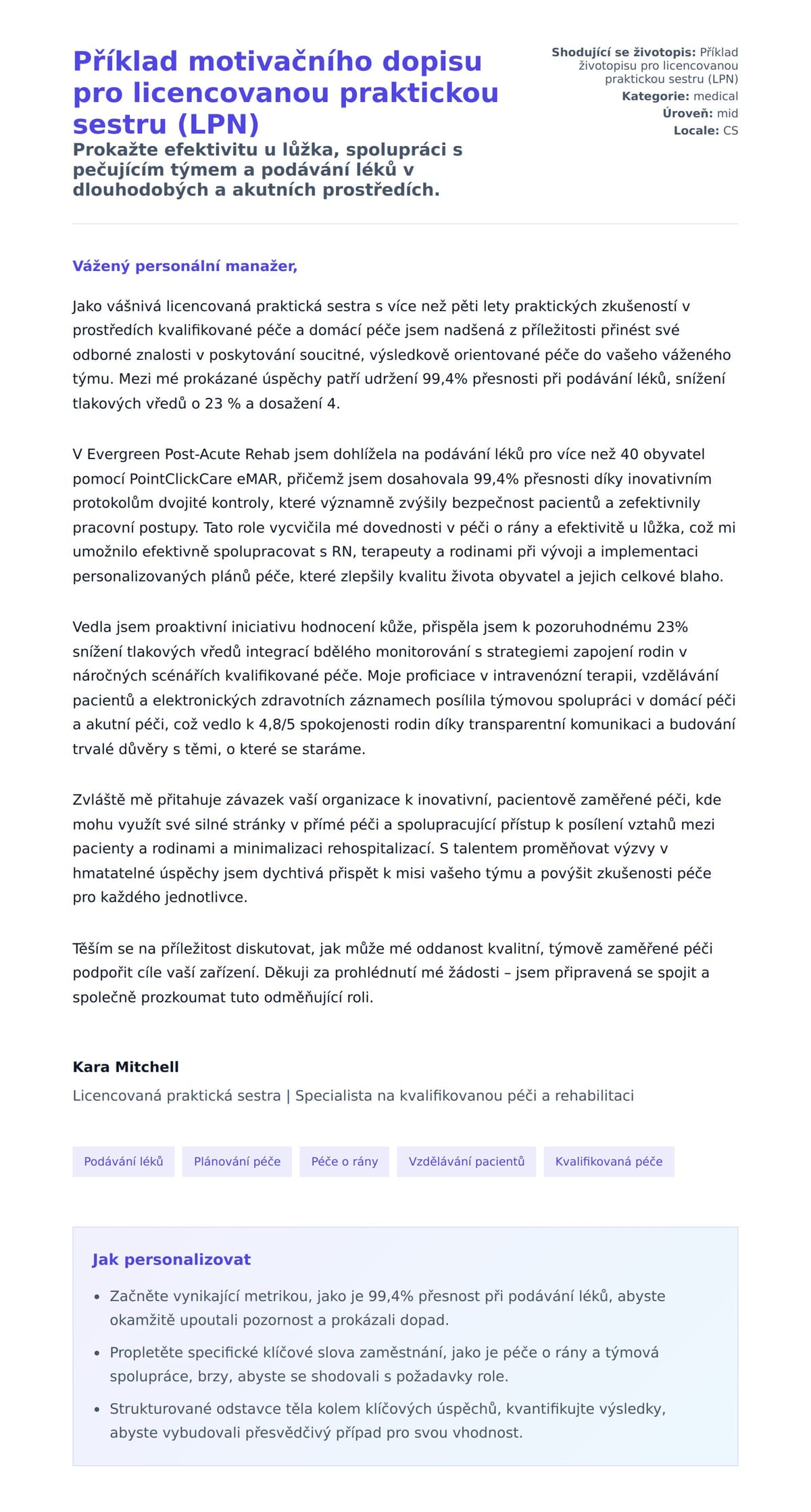 Náhled motivačního dopisu pro Příklad motivačního dopisu pro licencovanou praktickou sestru (LPN)