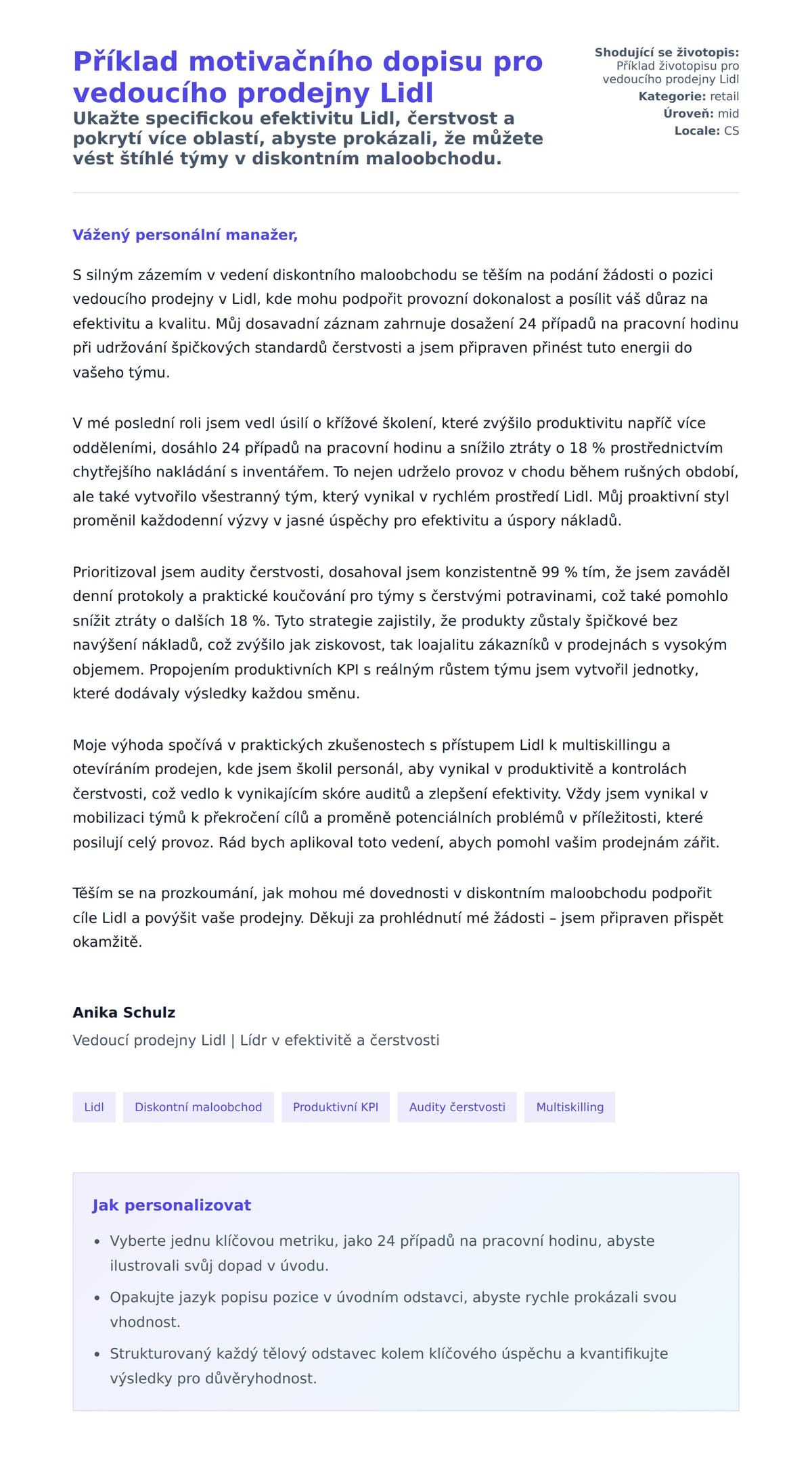 Náhled motivačního dopisu pro Příklad motivačního dopisu pro vedoucího prodejny Lidl