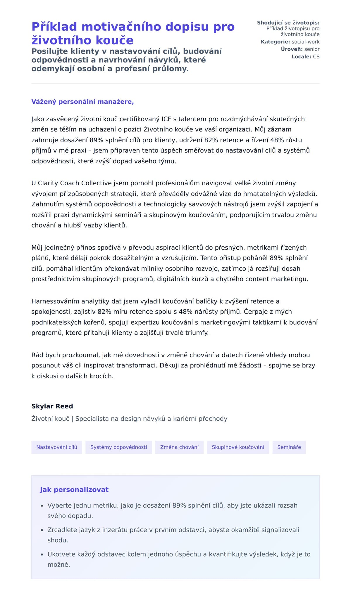 Náhled motivačního dopisu pro Příklad motivačního dopisu pro životního kouče