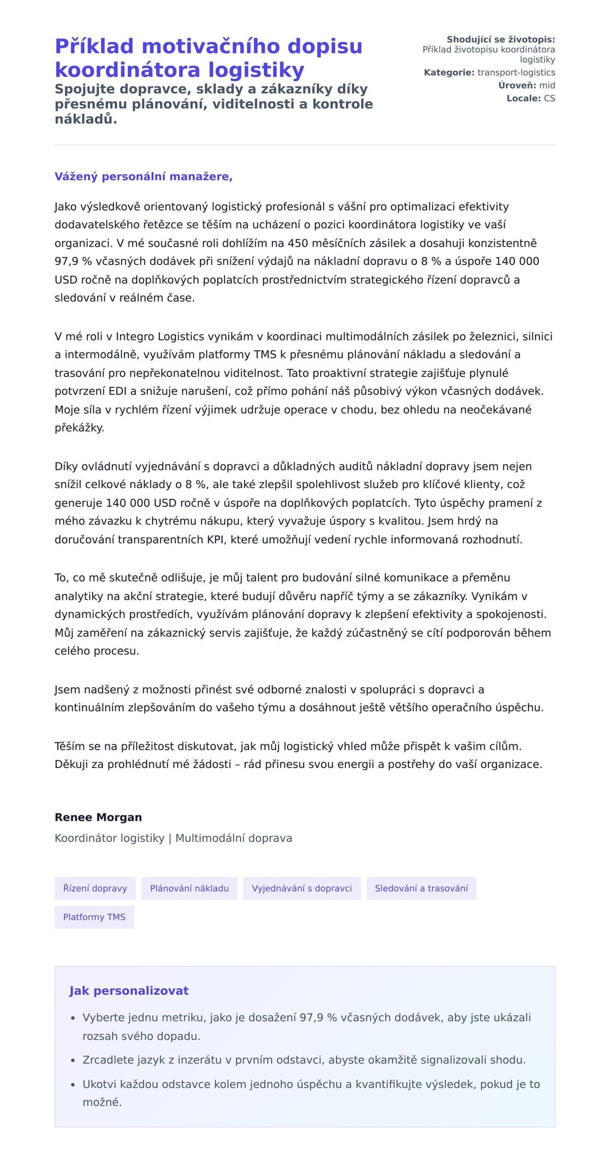 Náhled motivačního dopisu pro Příklad motivačního dopisu koordinátora logistiky