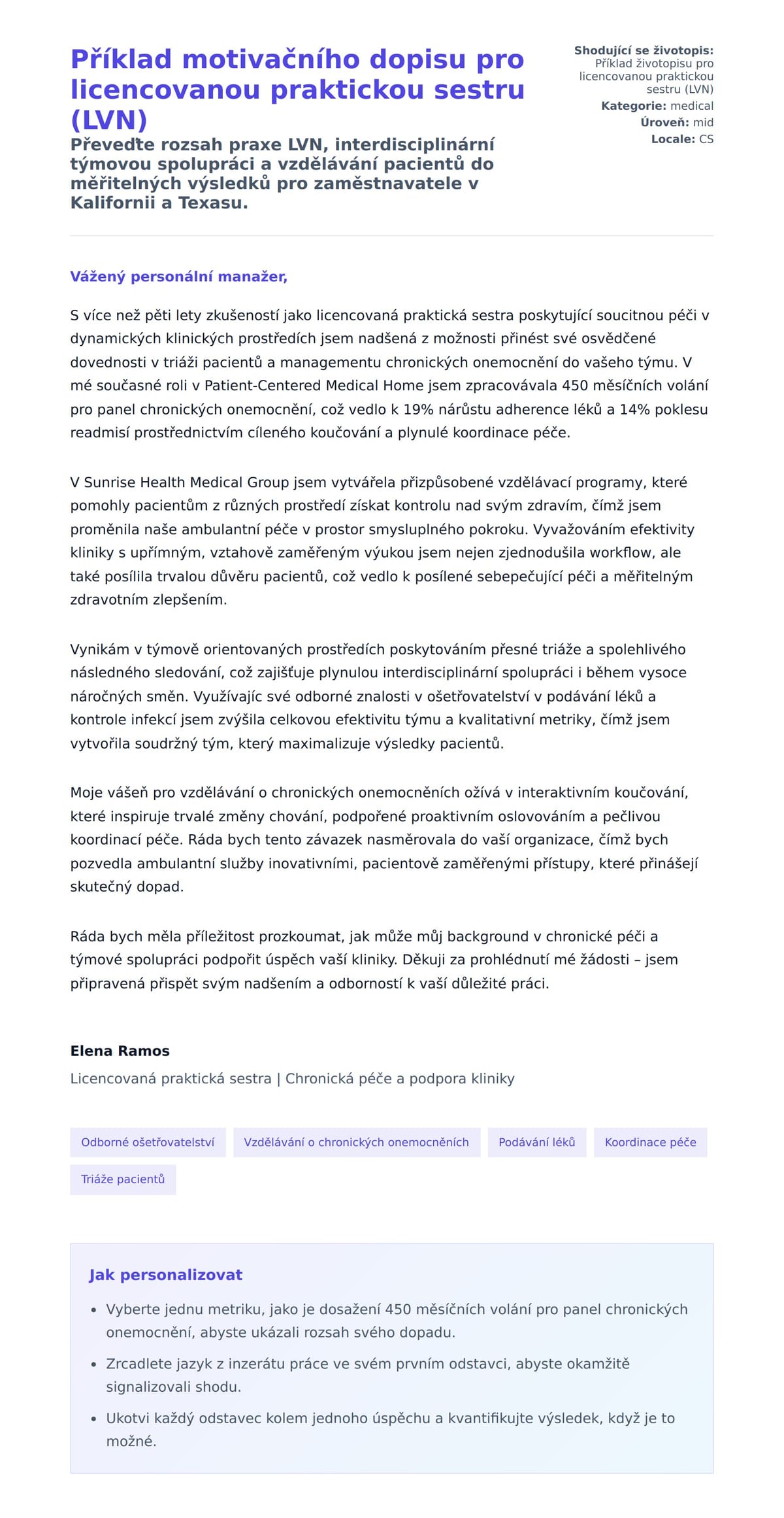 Náhled motivačního dopisu pro Příklad motivačního dopisu pro licencovanou praktickou sestru (LVN)