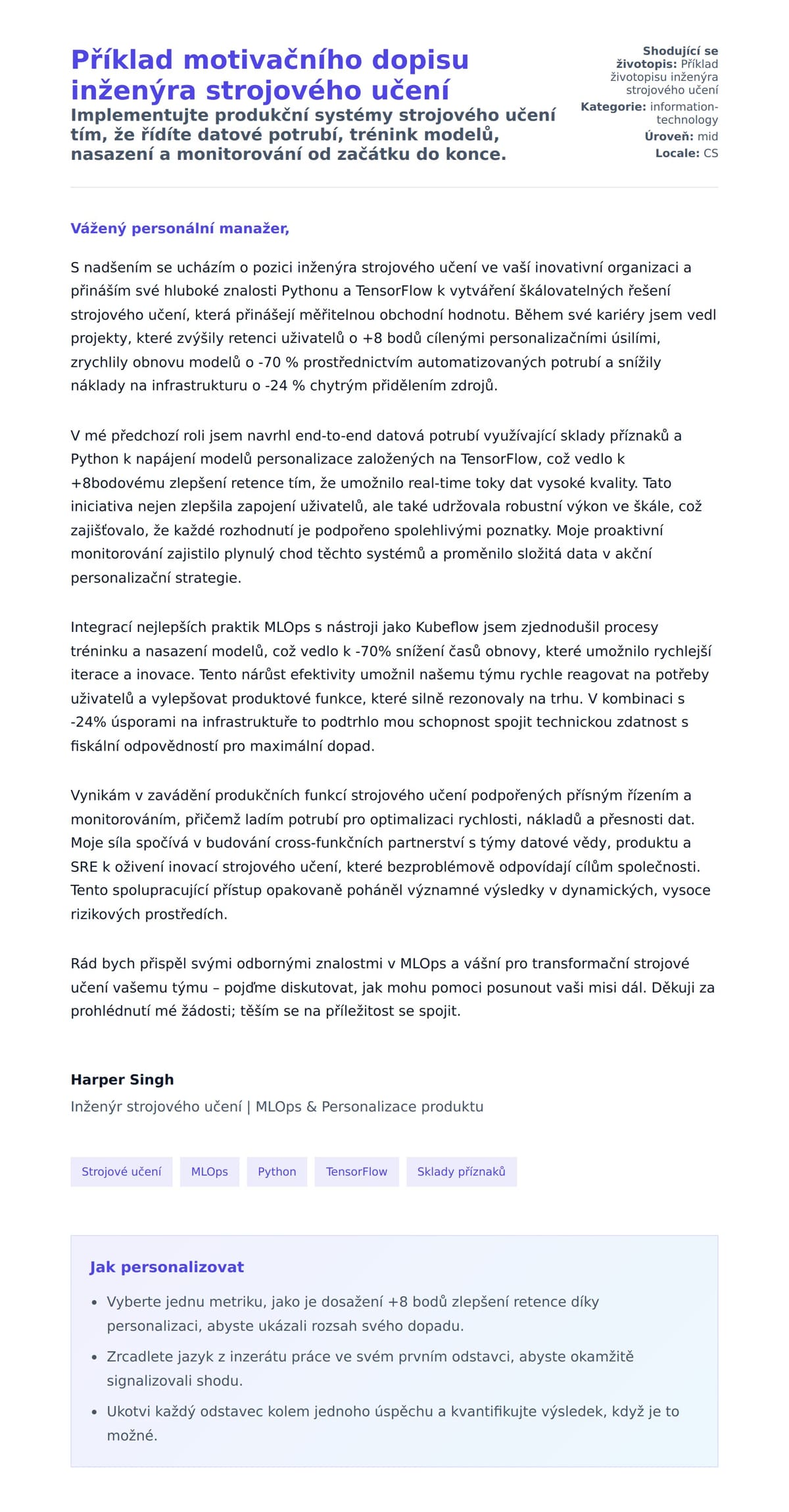 Náhled motivačního dopisu pro Příklad motivačního dopisu inženýra strojového učení