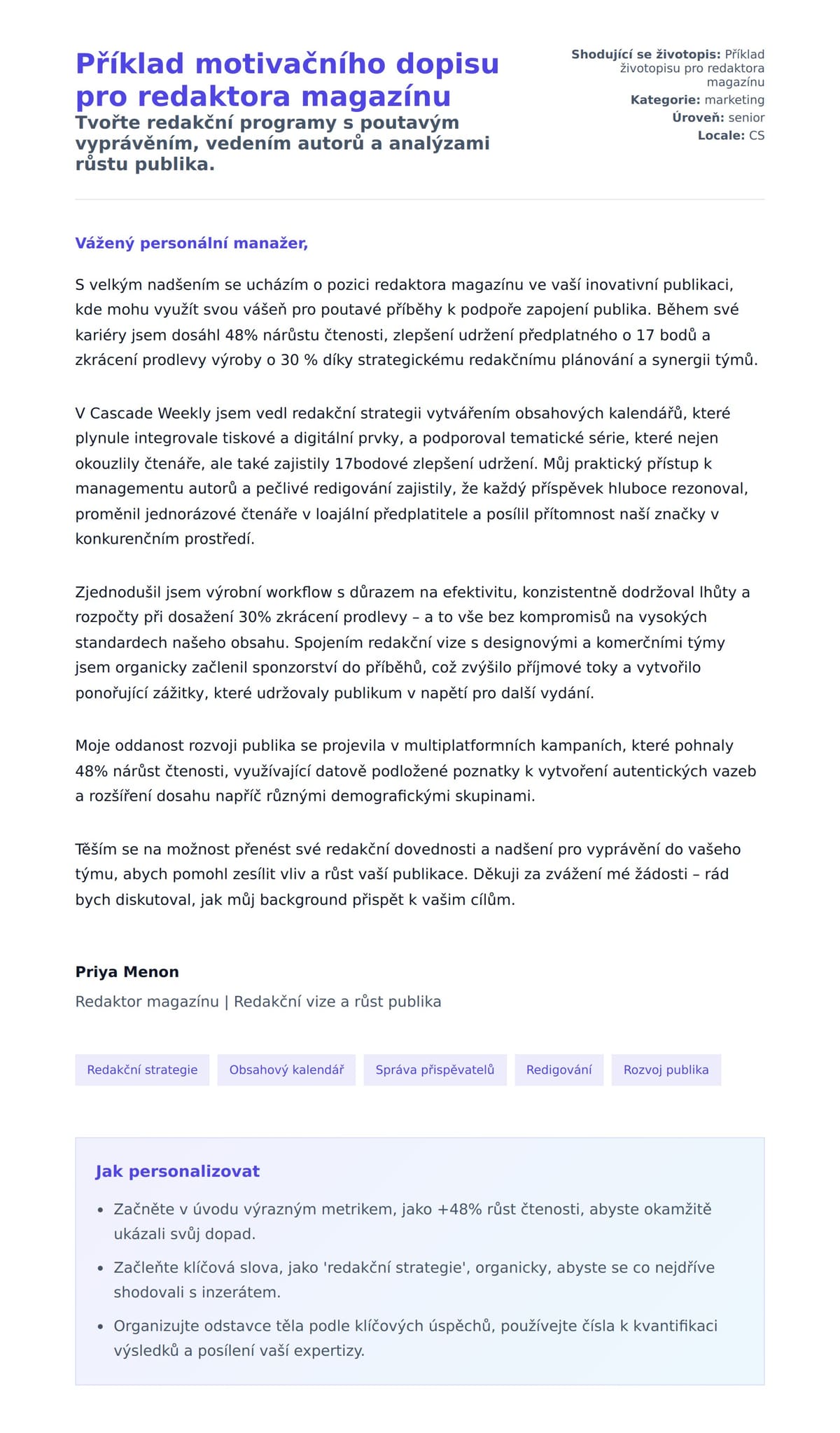 Náhled motivačního dopisu pro Příklad motivačního dopisu pro redaktora magazínu
