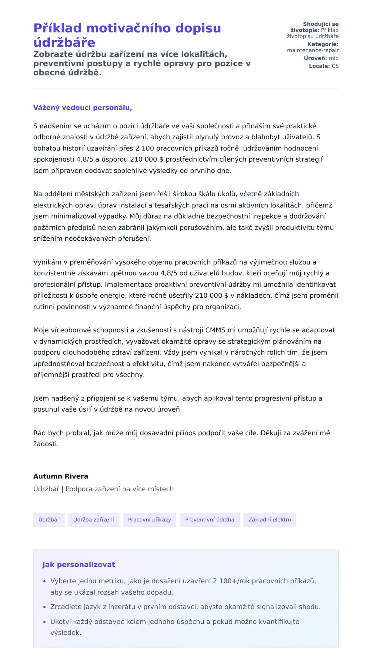 Náhled motivačního dopisu pro Příklad motivačního dopisu údržbáře