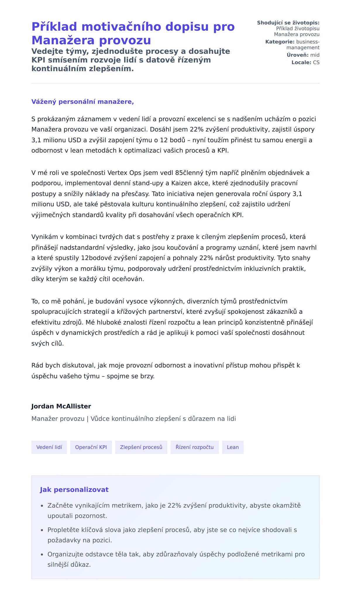 Náhled motivačního dopisu pro Příklad motivačního dopisu pro Manažera provozu