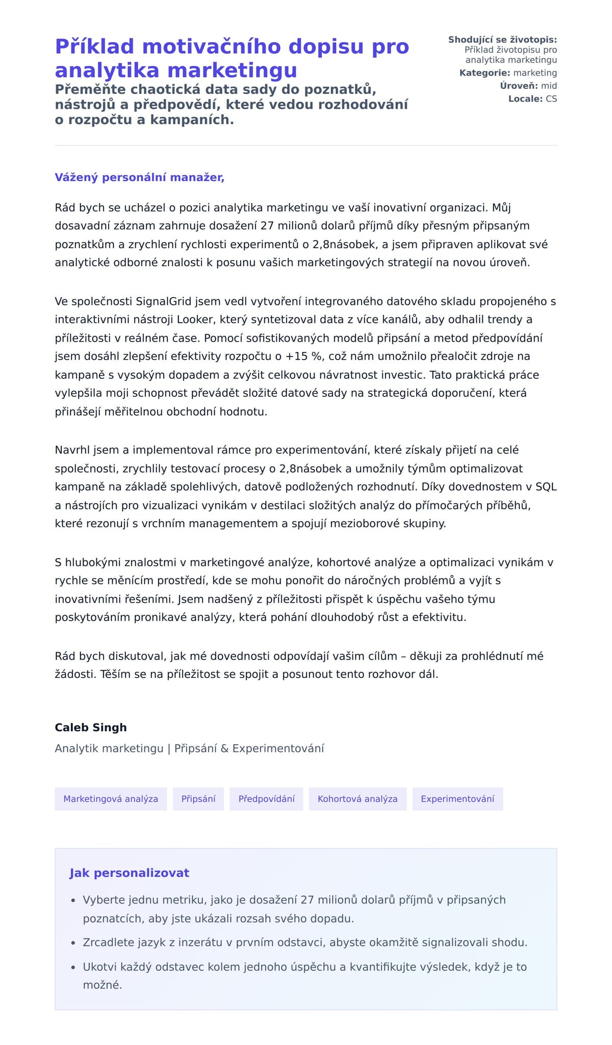Náhled motivačního dopisu pro Příklad motivačního dopisu pro analytika marketingu