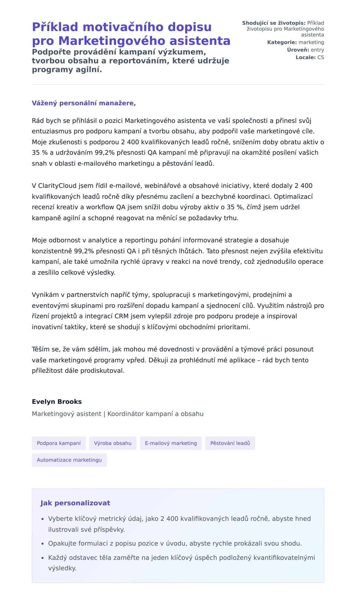 Náhled motivačního dopisu pro Příklad motivačního dopisu pro Marketingového asistenta