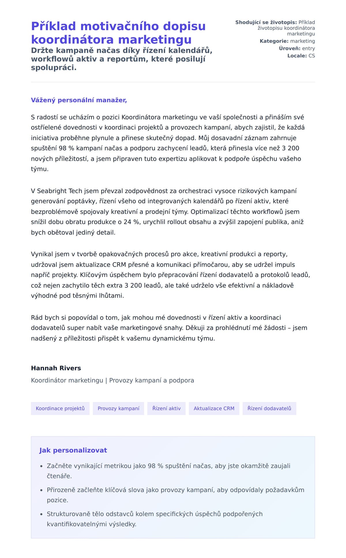 Náhled motivačního dopisu pro Příklad motivačního dopisu koordinátora marketingu