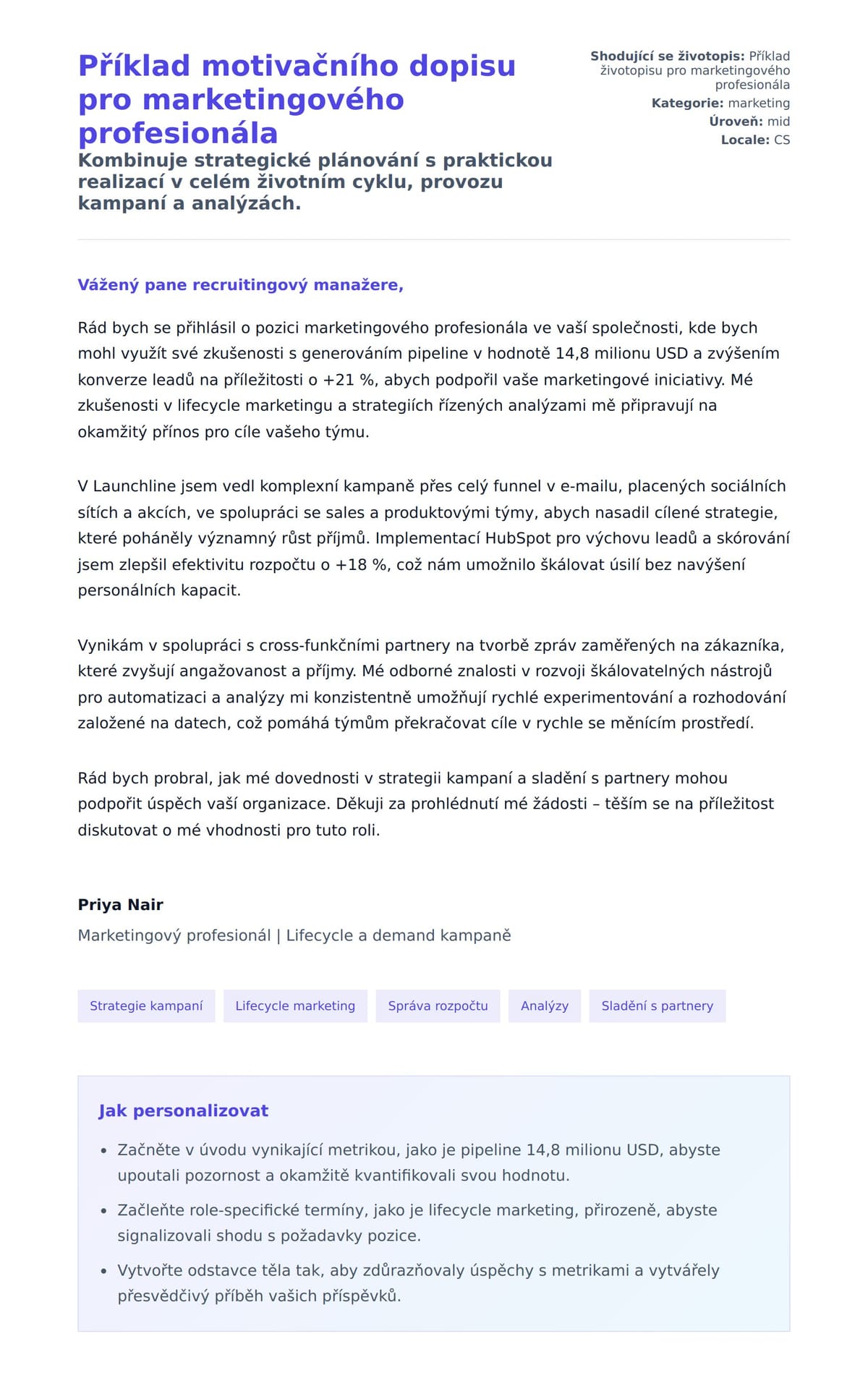 Náhled motivačního dopisu pro Příklad motivačního dopisu pro marketingového profesionála