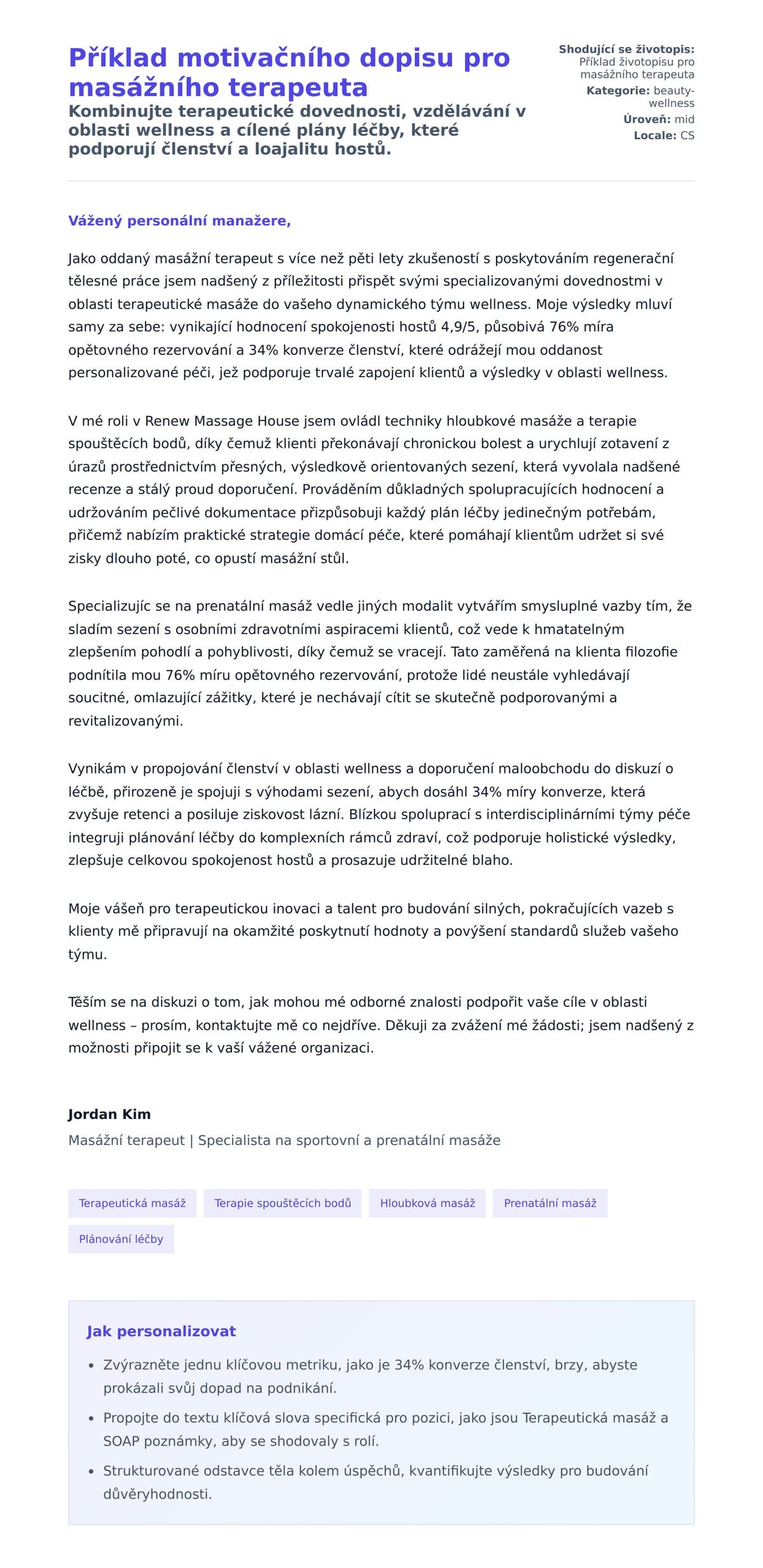 Příklad motivačního dopisu pro masážního terapeuta