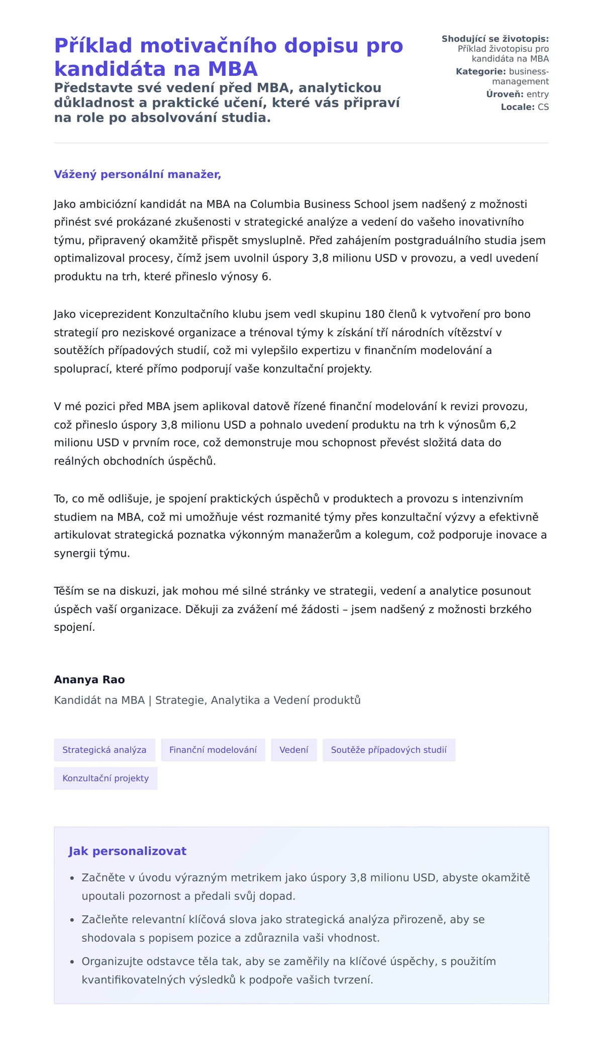 Náhled motivačního dopisu pro Příklad motivačního dopisu pro kandidáta na MBA