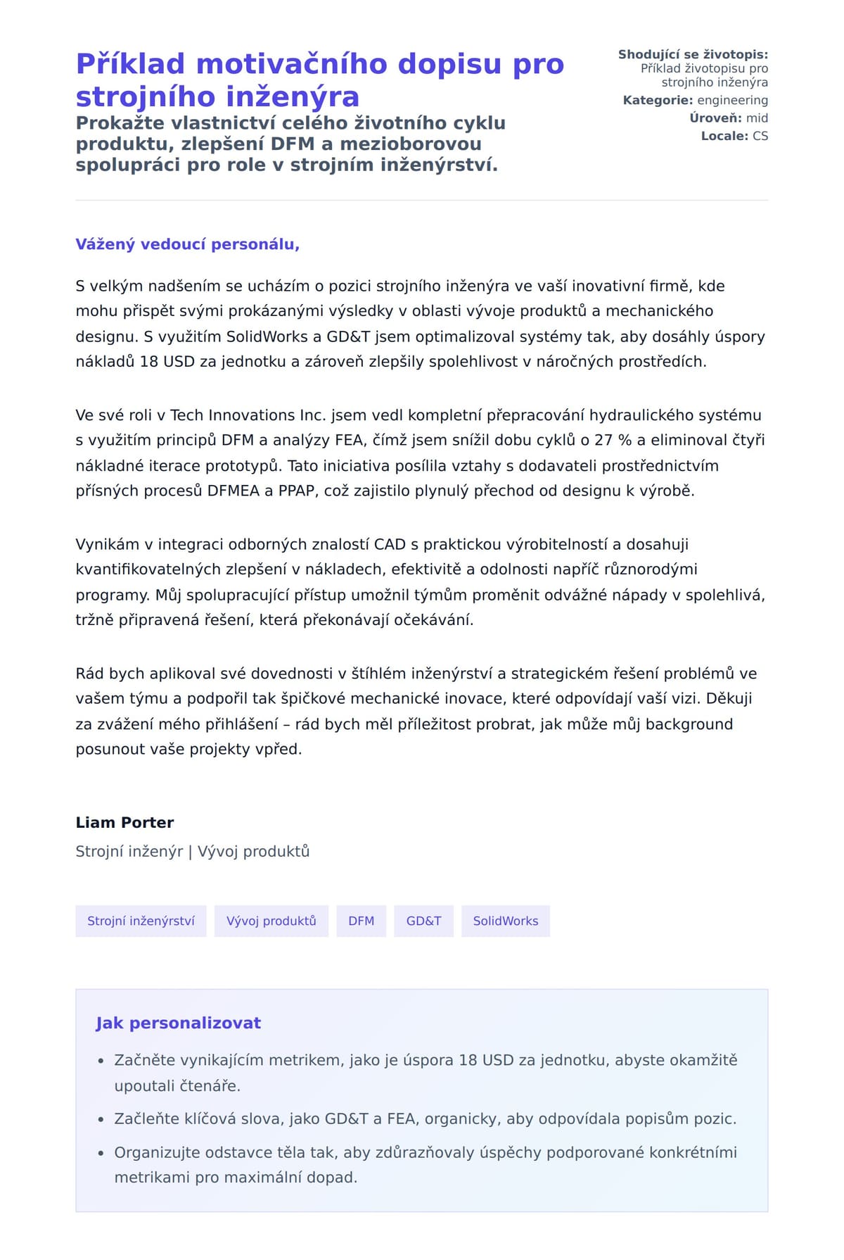 Náhled motivačního dopisu pro Příklad motivačního dopisu pro strojního inženýra
