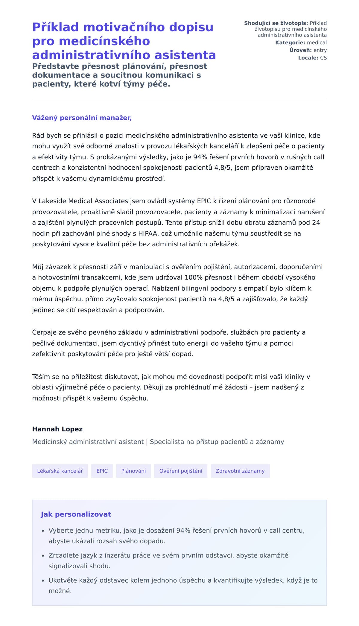 Náhled motivačního dopisu pro Příklad motivačního dopisu pro medicínského administrativního asistenta