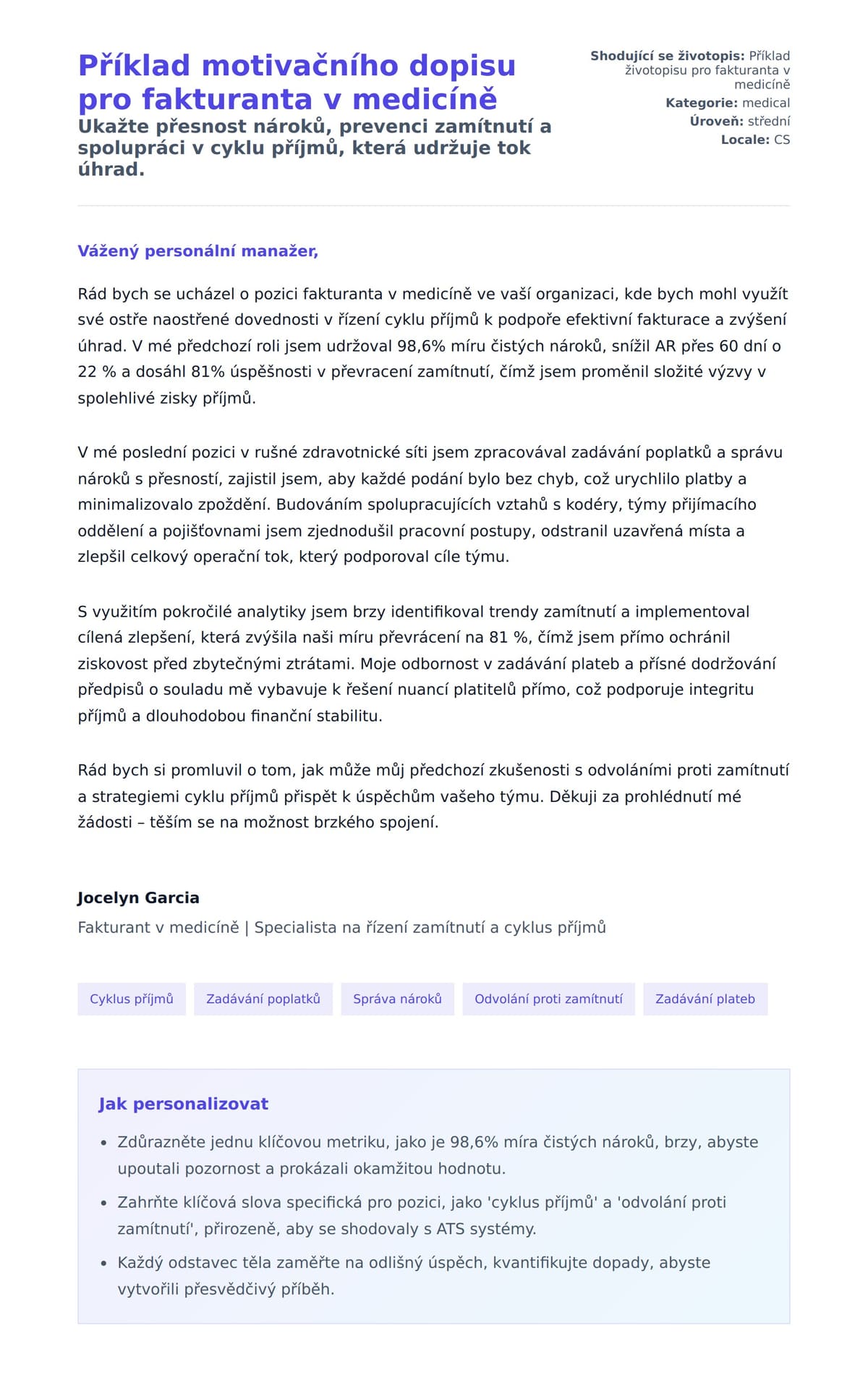 Náhled motivačního dopisu pro Příklad motivačního dopisu pro fakturanta v medicíně