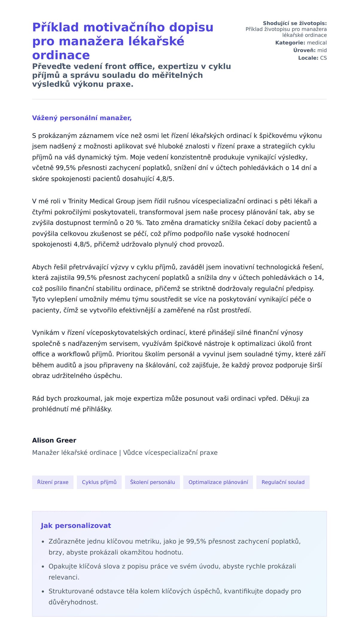 Náhled motivačního dopisu pro Příklad motivačního dopisu pro manažera lékařské ordinace