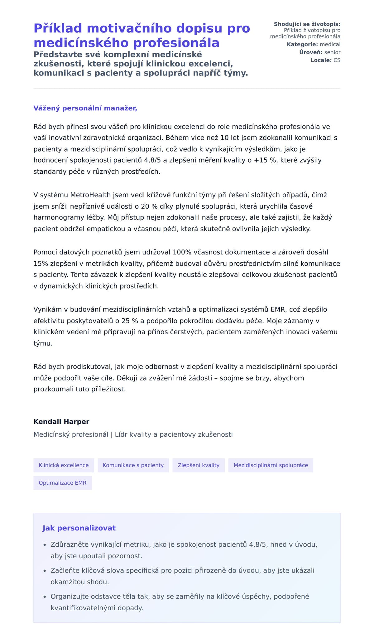 Náhled motivačního dopisu pro Příklad motivačního dopisu pro medicínského profesionála
