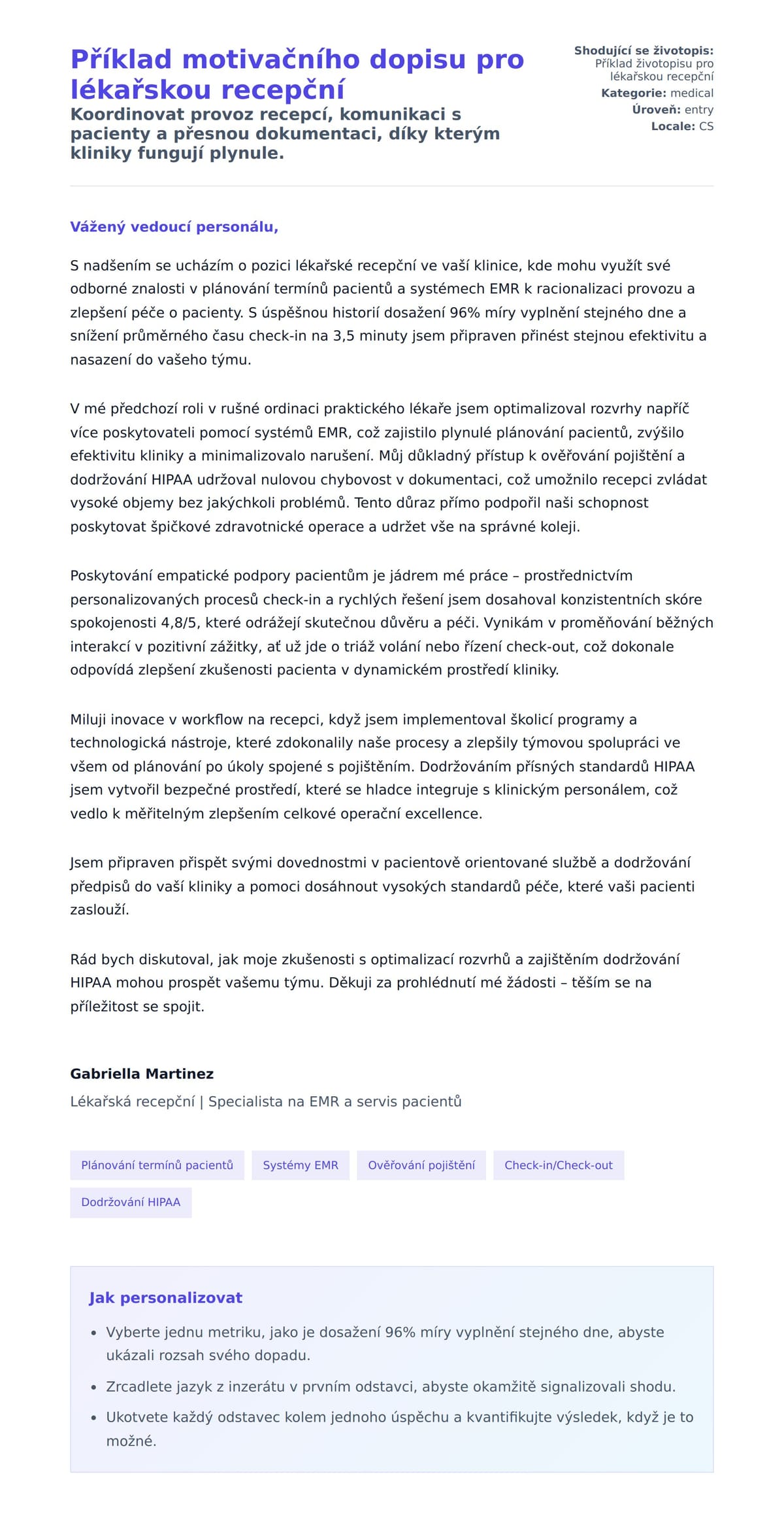 Náhled motivačního dopisu pro Příklad motivačního dopisu pro lékařskou recepční