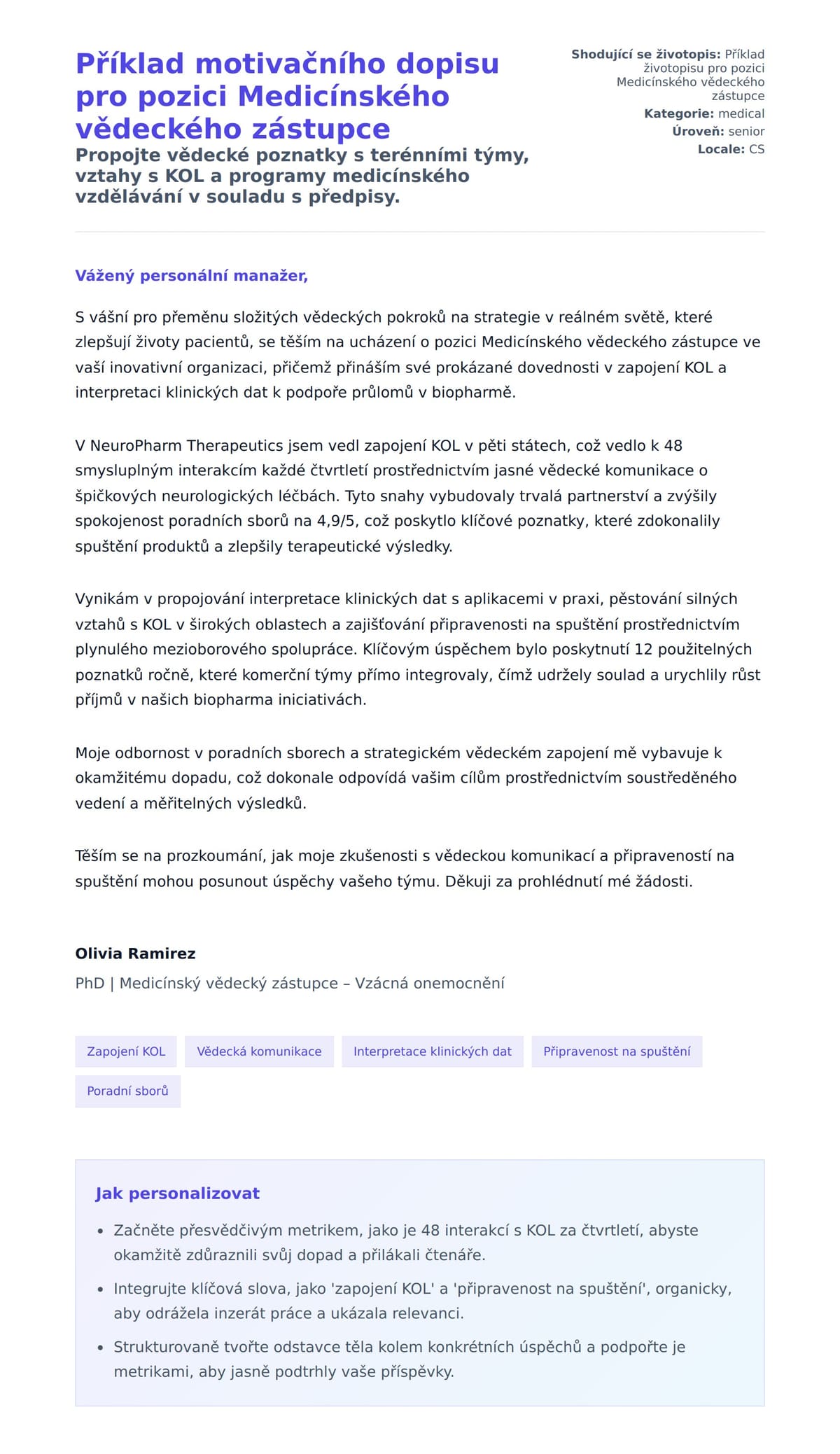 Náhled motivačního dopisu pro Příklad motivačního dopisu pro pozici Medicínského vědeckého zástupce