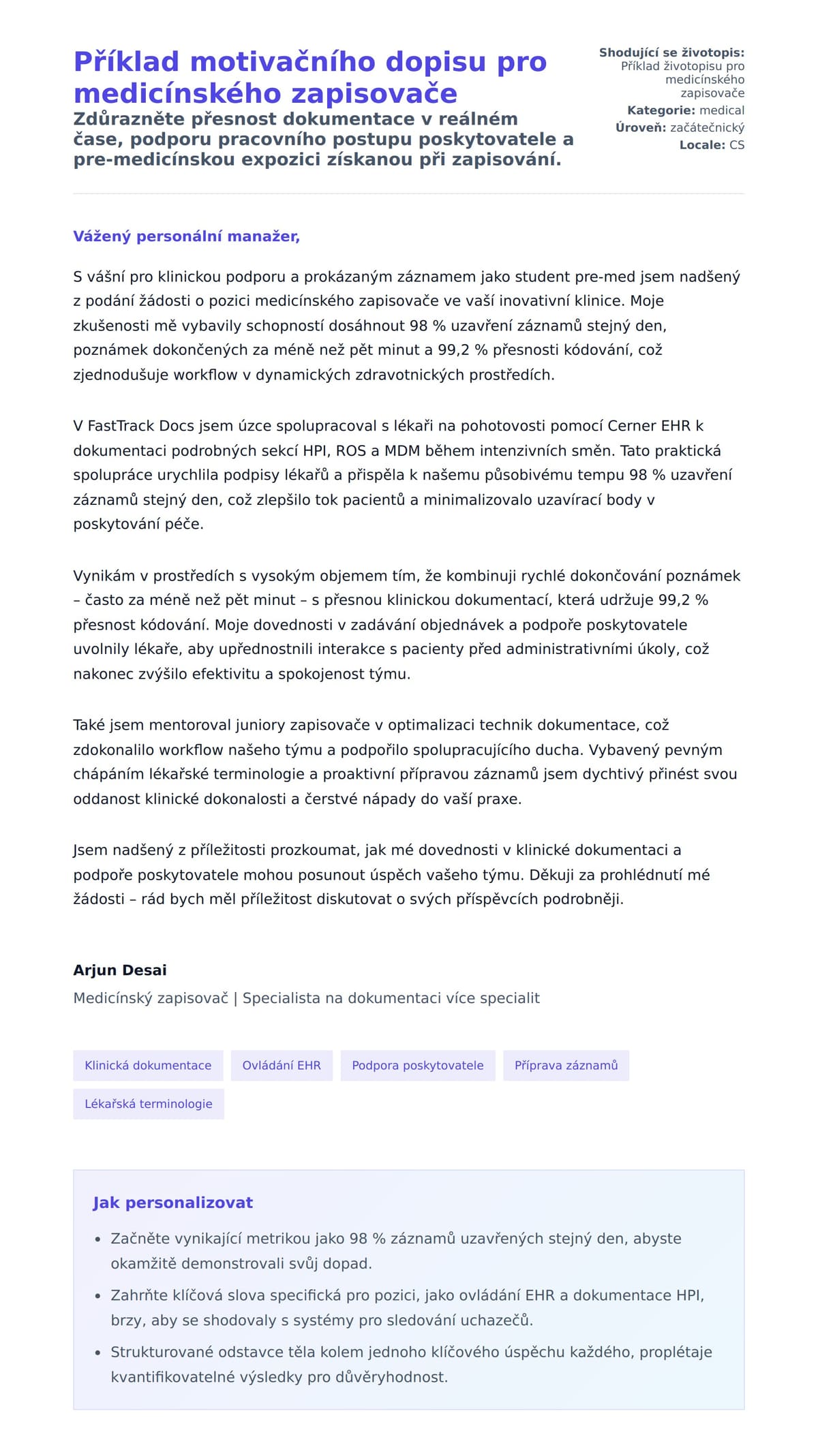 Náhled motivačního dopisu pro Příklad motivačního dopisu pro medicínského zapisovače