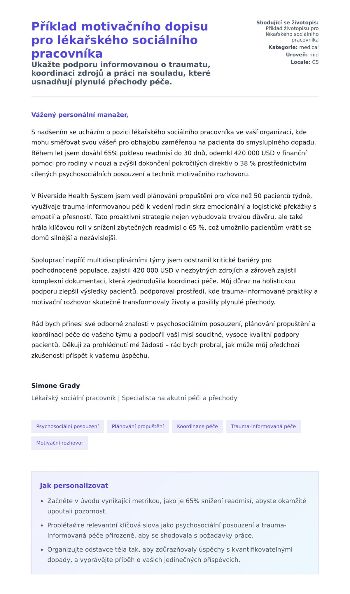 Náhled motivačního dopisu pro Příklad motivačního dopisu pro lékařského sociálního pracovníka