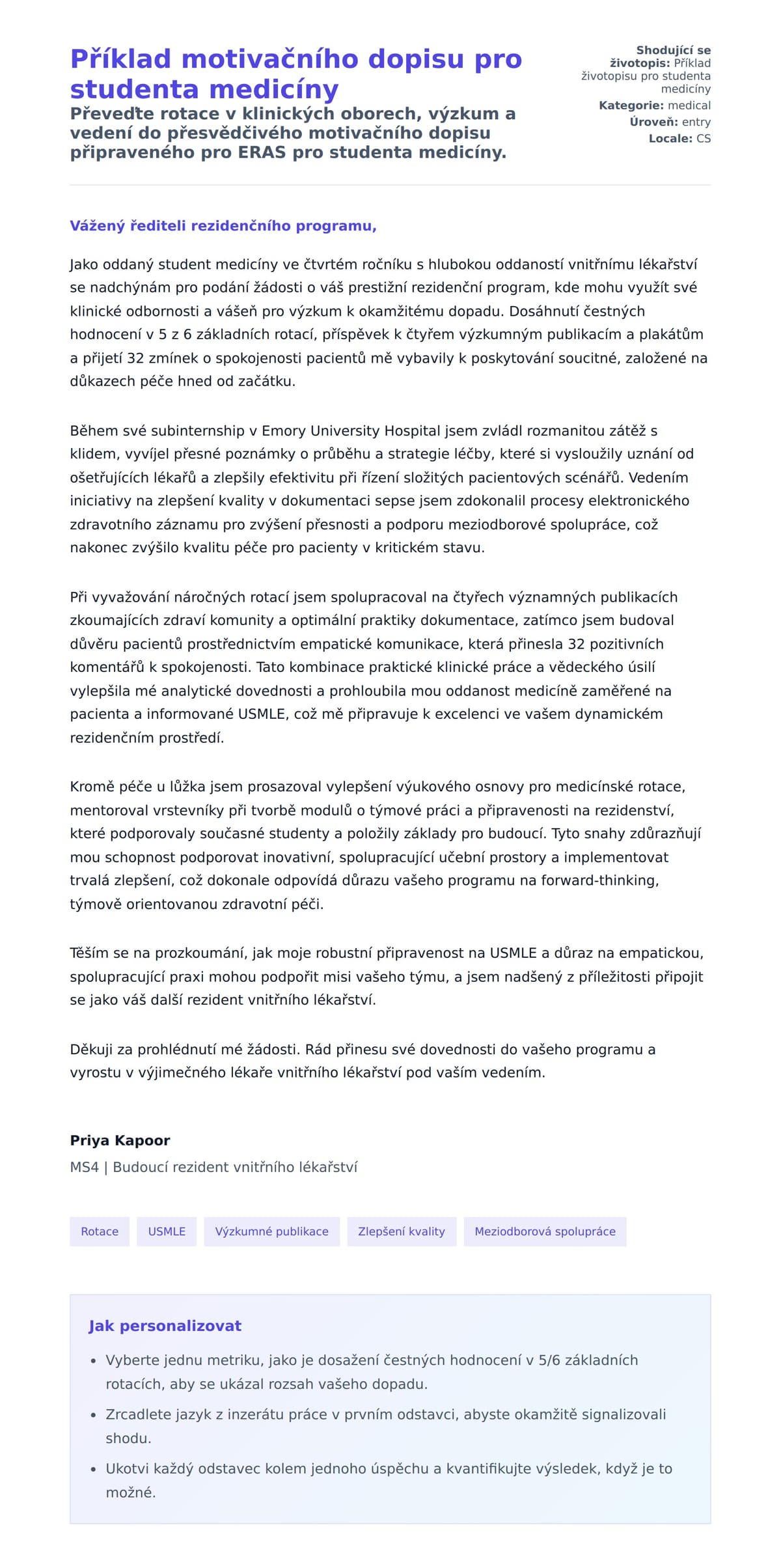 Náhled motivačního dopisu pro Příklad motivačního dopisu pro studenta medicíny