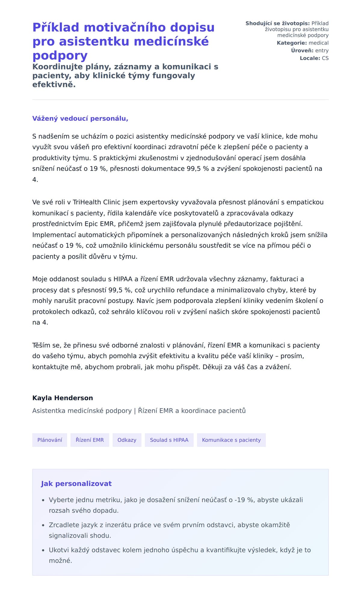 Náhled motivačního dopisu pro Příklad motivačního dopisu pro asistentku medicínské podpory