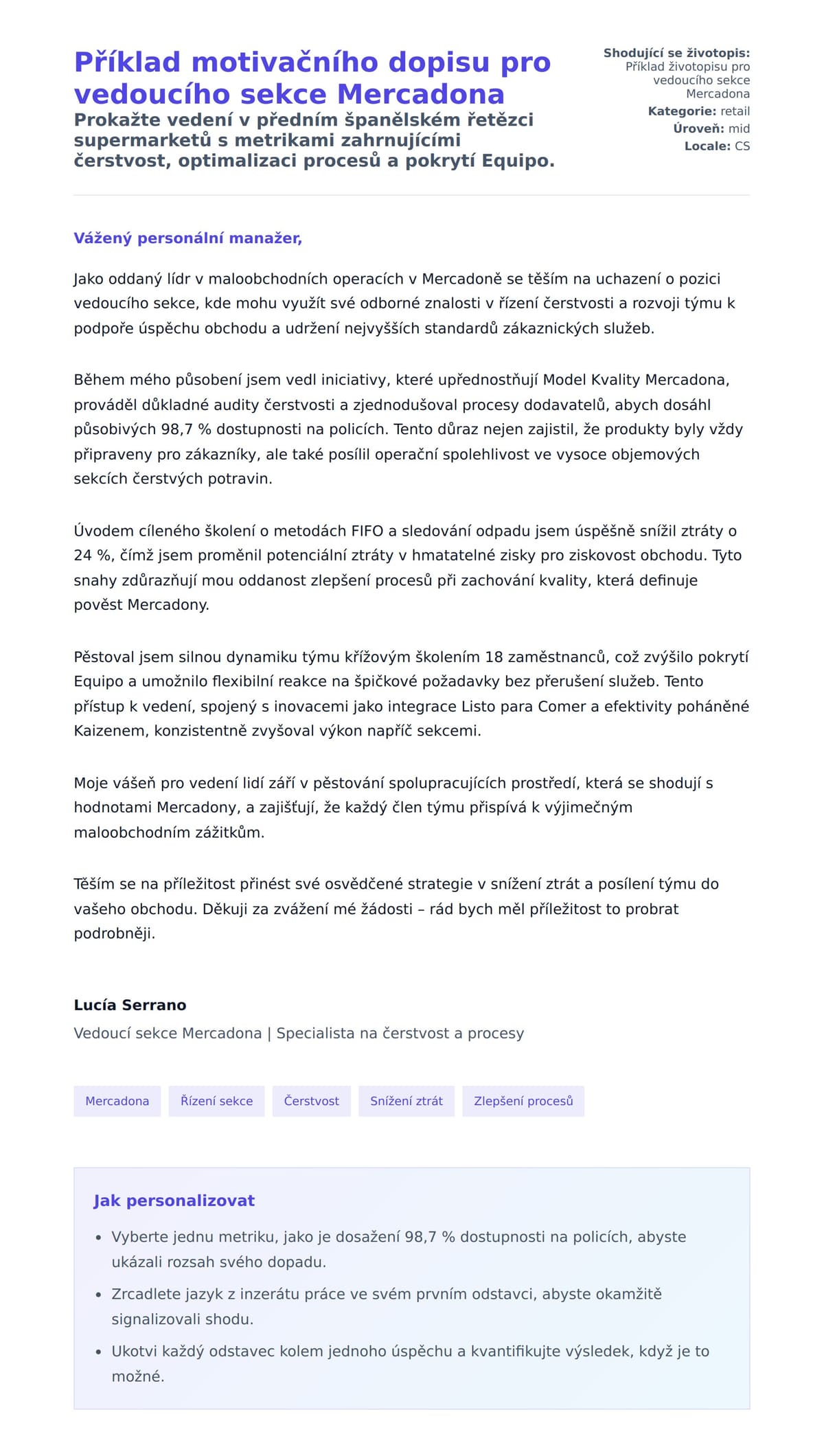 Náhled motivačního dopisu pro Příklad motivačního dopisu pro vedoucího sekce Mercadona