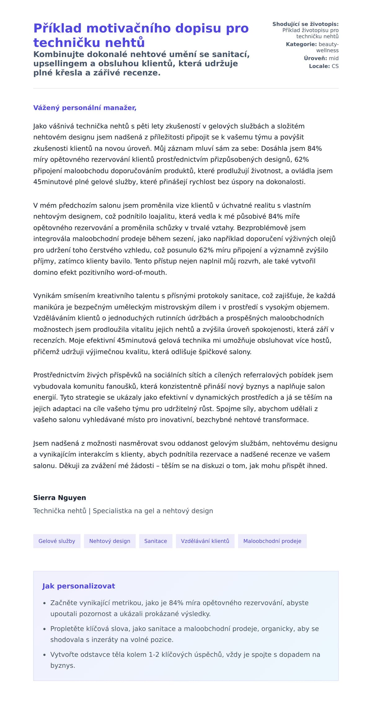 Náhled motivačního dopisu pro Příklad motivačního dopisu pro techničku nehtů