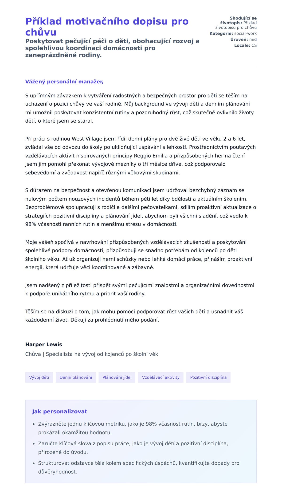 Náhled motivačního dopisu pro Příklad motivačního dopisu pro chůvu