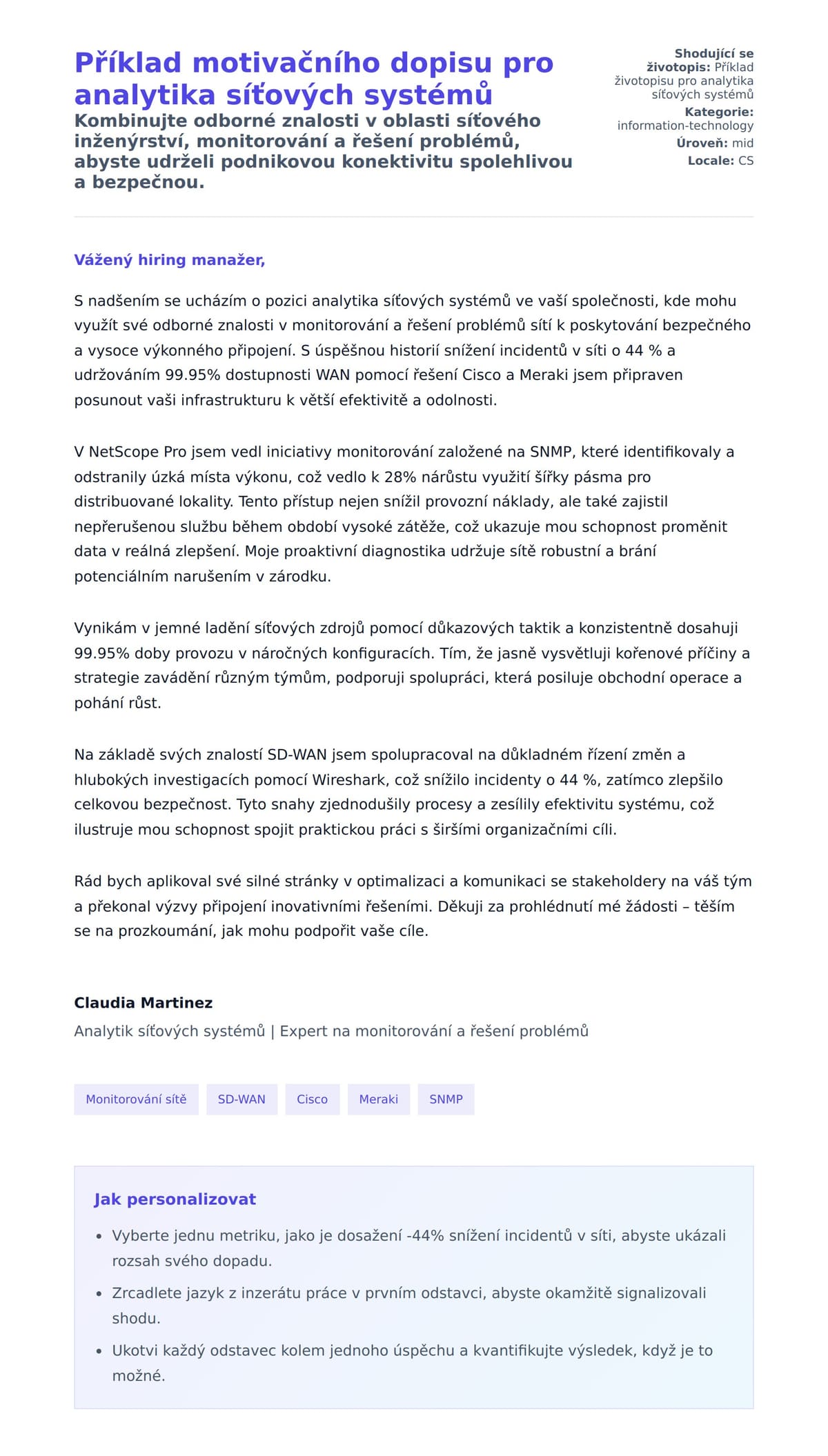 Náhled motivačního dopisu pro Příklad motivačního dopisu pro analytika síťových systémů