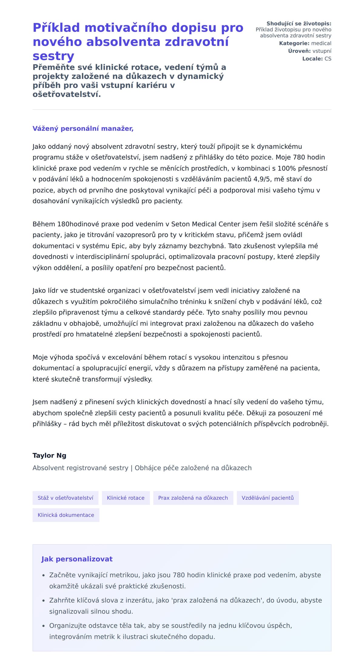 Náhled motivačního dopisu pro Příklad motivačního dopisu pro nového absolventa zdravotní sestry