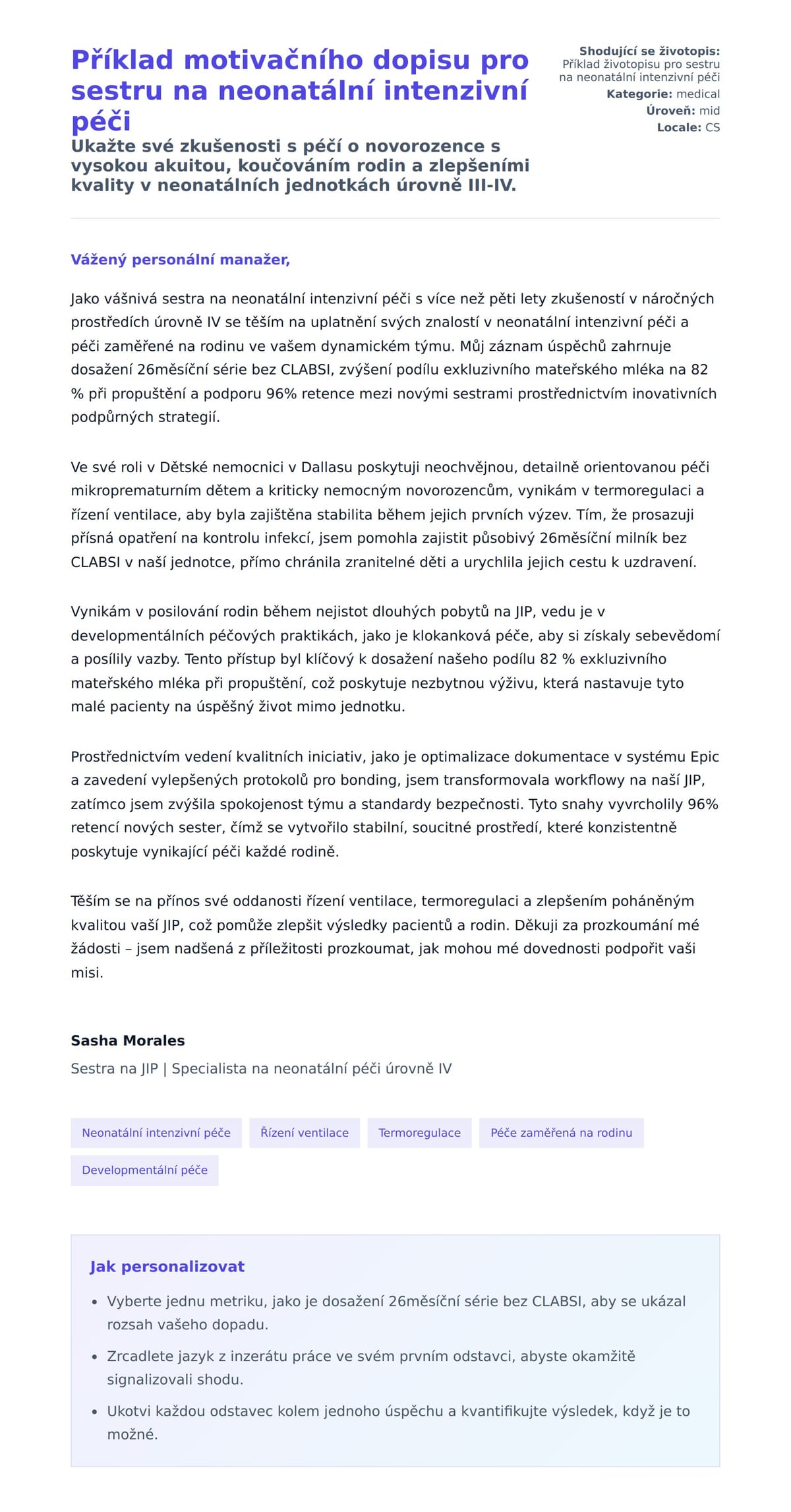 Náhled motivačního dopisu pro Příklad motivačního dopisu pro sestru na neonatální intenzivní péči