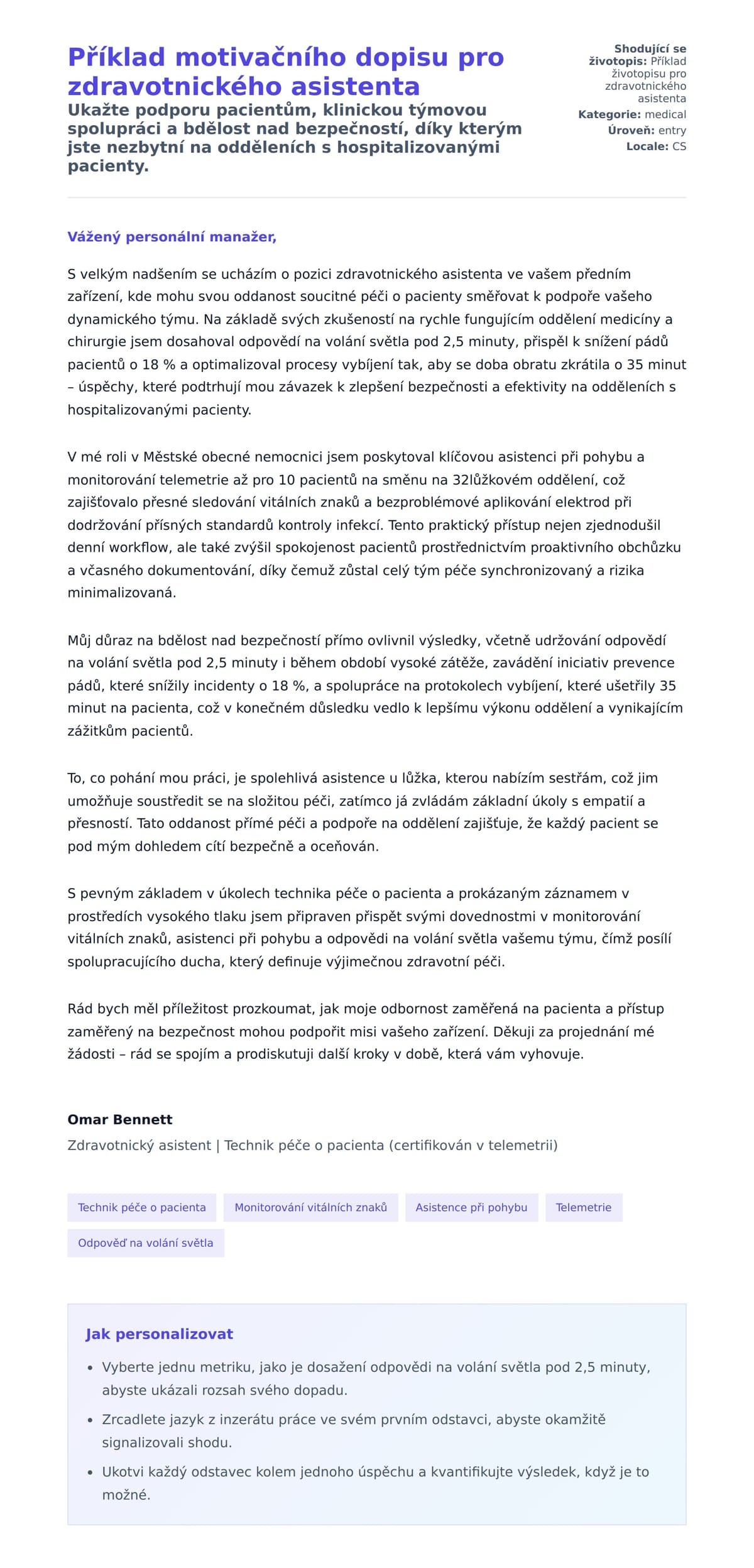 Náhled motivačního dopisu pro Příklad motivačního dopisu pro zdravotnického asistenta