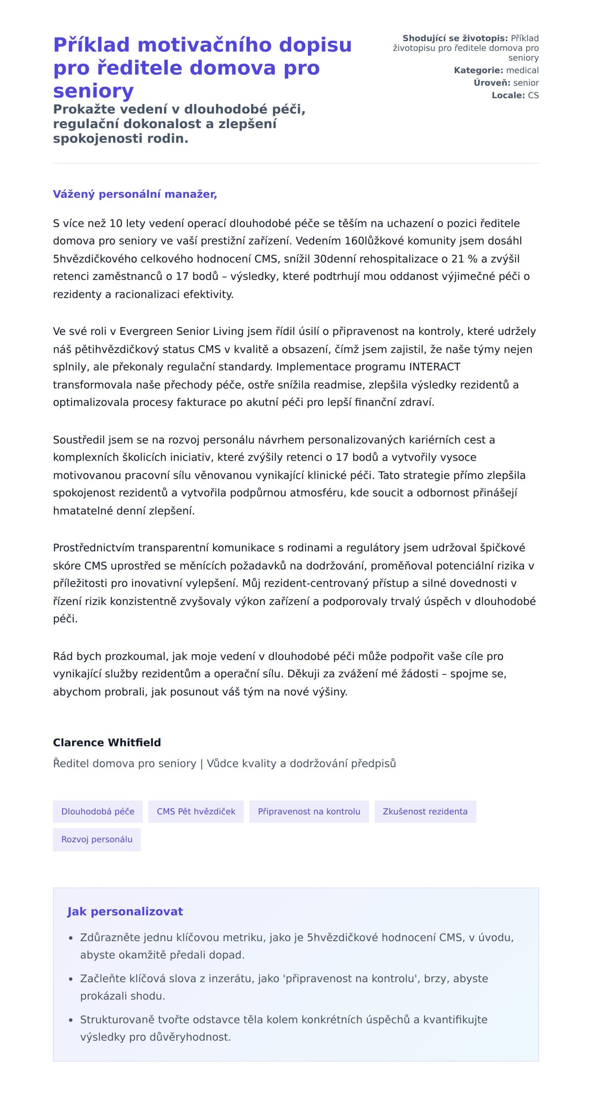 Náhled motivačního dopisu pro Příklad motivačního dopisu pro ředitele domova pro seniory