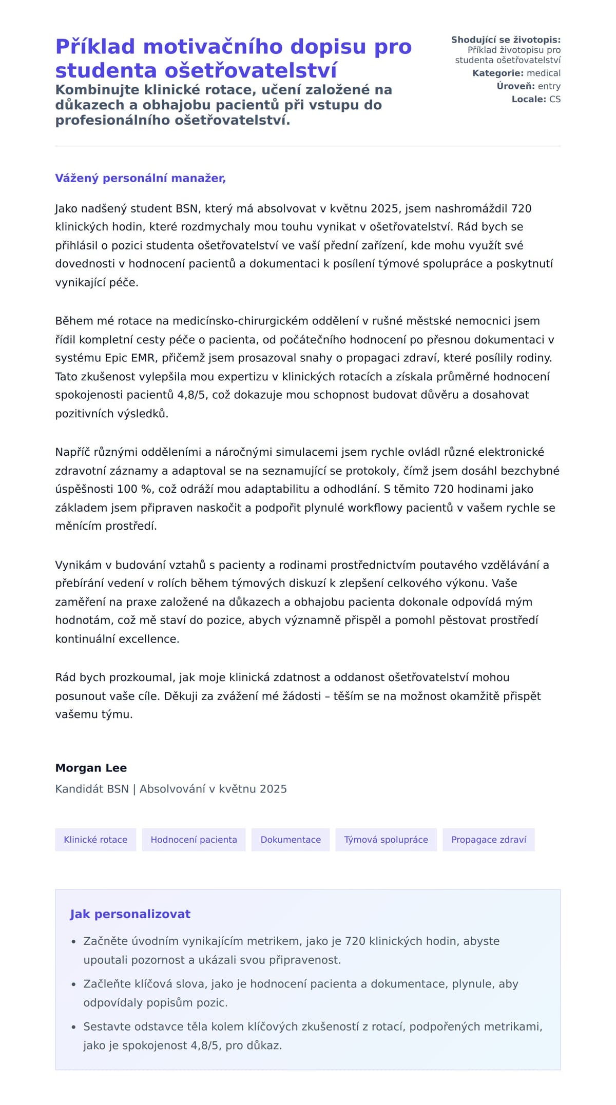 Náhled motivačního dopisu pro Příklad motivačního dopisu pro studenta ošetřovatelství