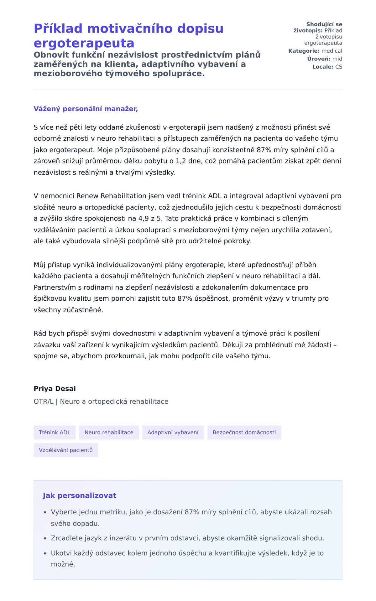 Náhled motivačního dopisu pro Příklad motivačního dopisu ergoterapeuta