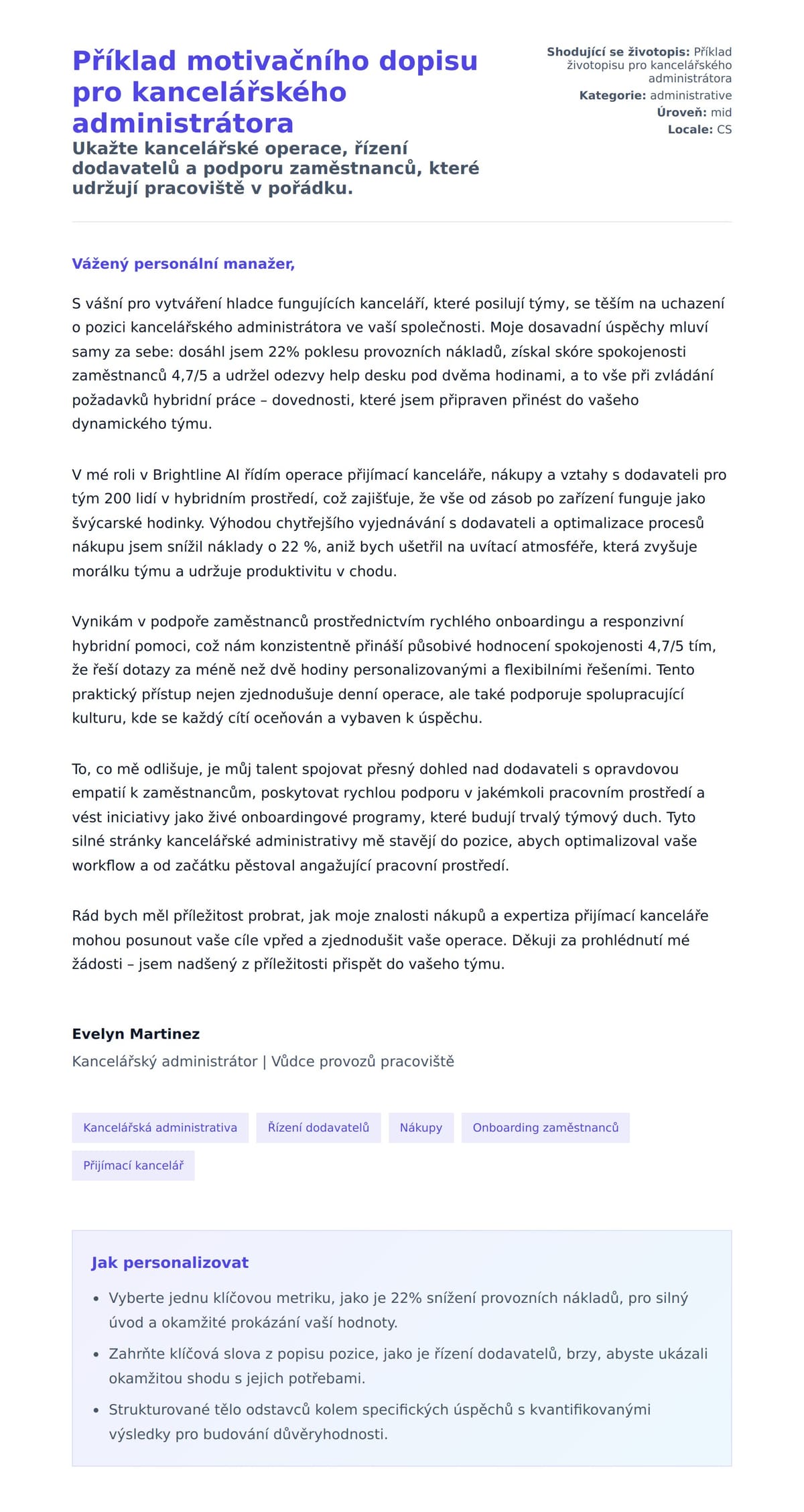 Náhled motivačního dopisu pro Příklad motivačního dopisu pro kancelářského administrátora