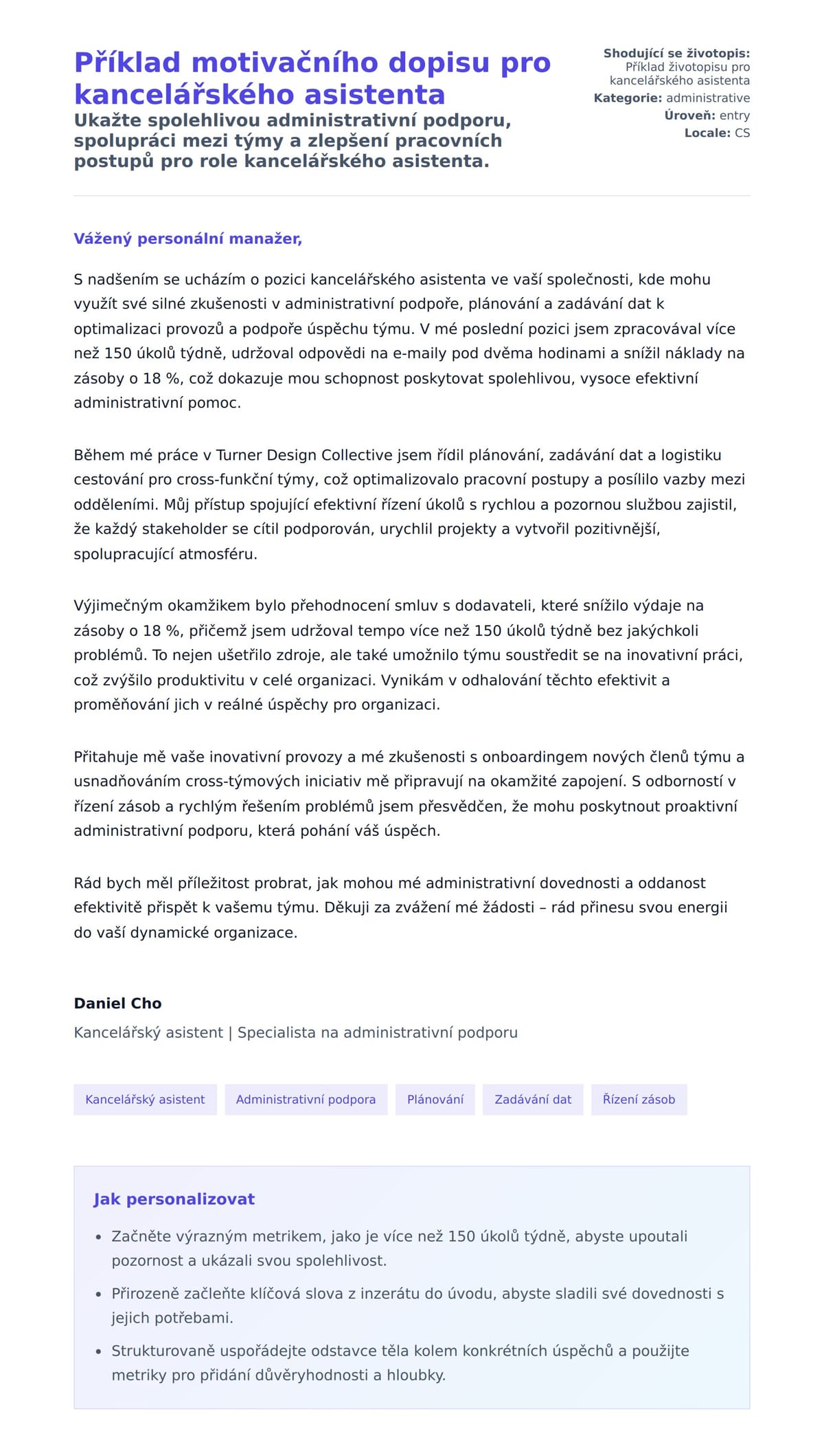 Náhled motivačního dopisu pro Příklad motivačního dopisu pro kancelářského asistenta
