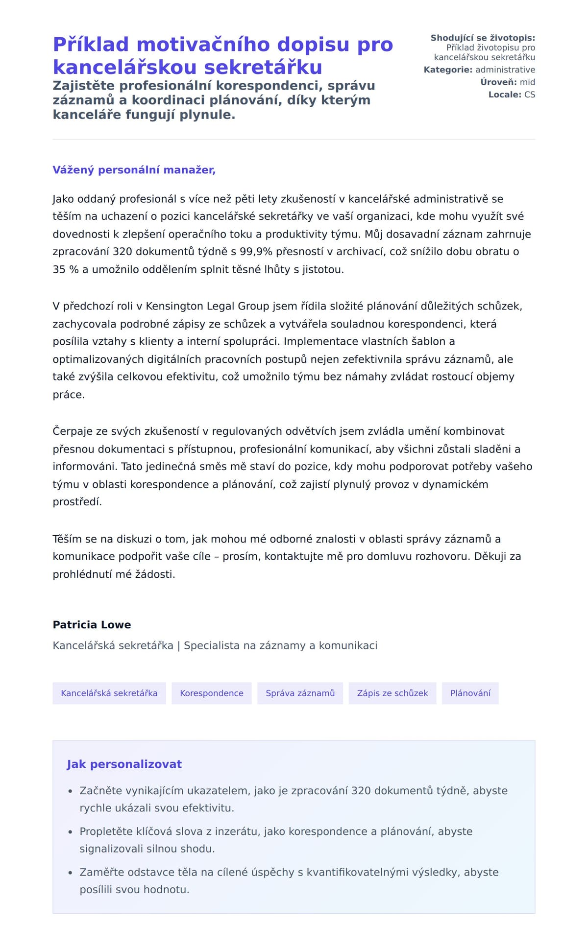 Příklad motivačního dopisu pro kancelářskou sekretářku