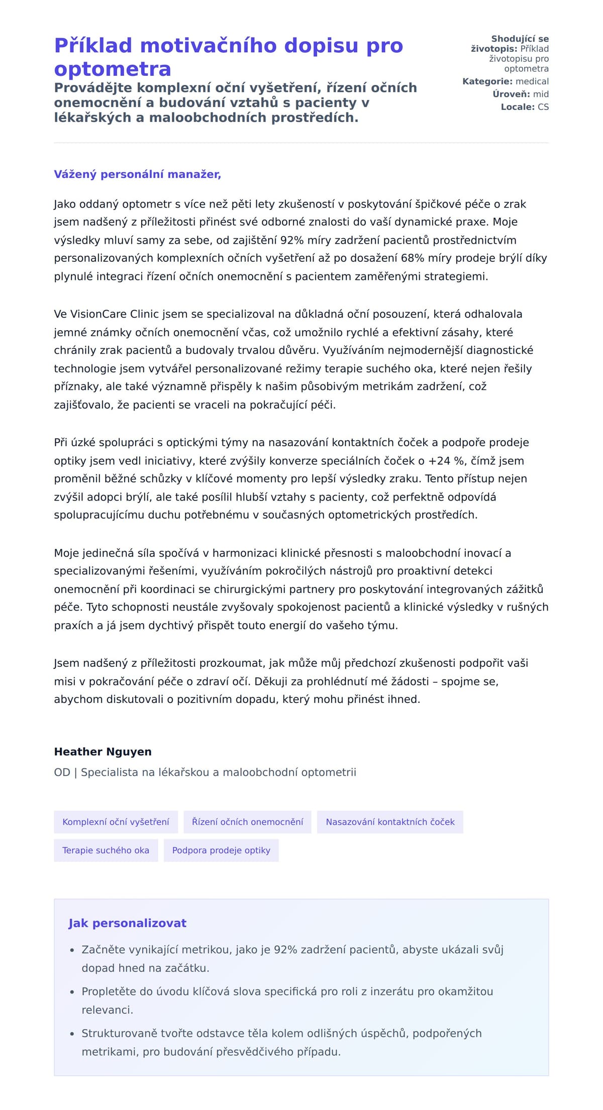 Náhled motivačního dopisu pro Příklad motivačního dopisu pro optometra