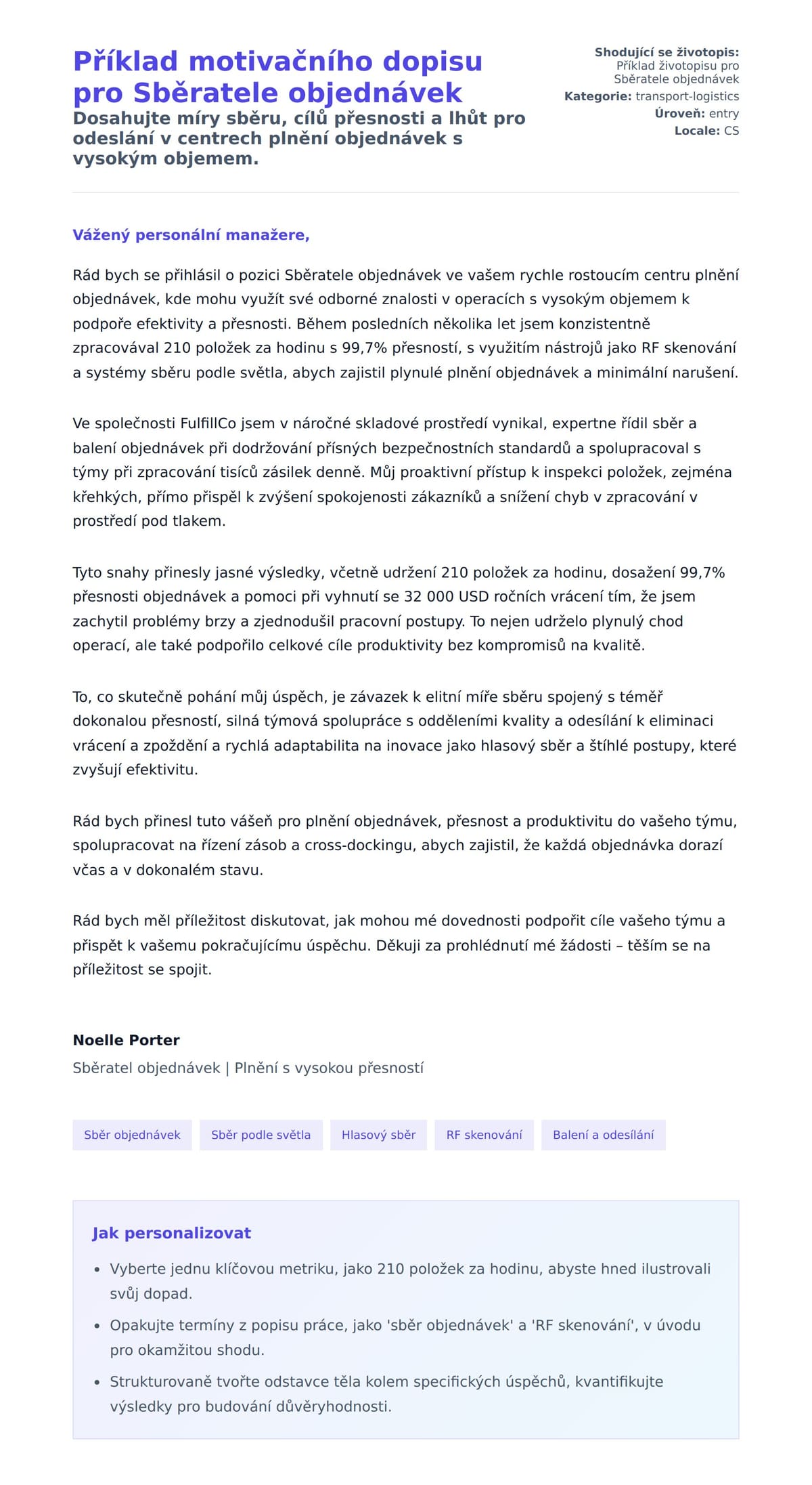 Náhled motivačního dopisu pro Příklad motivačního dopisu pro Sběratele objednávek