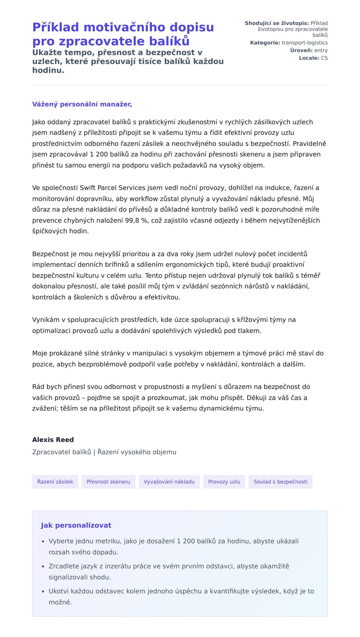 Náhled motivačního dopisu pro Příklad motivačního dopisu pro zpracovatele balíků