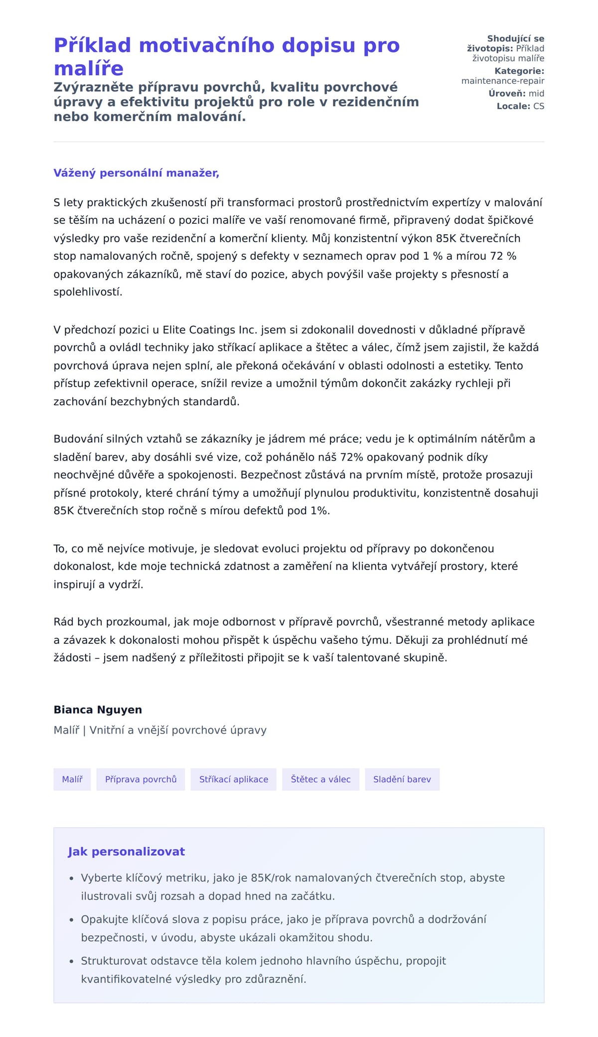 Náhled motivačního dopisu pro Příklad motivačního dopisu pro malíře