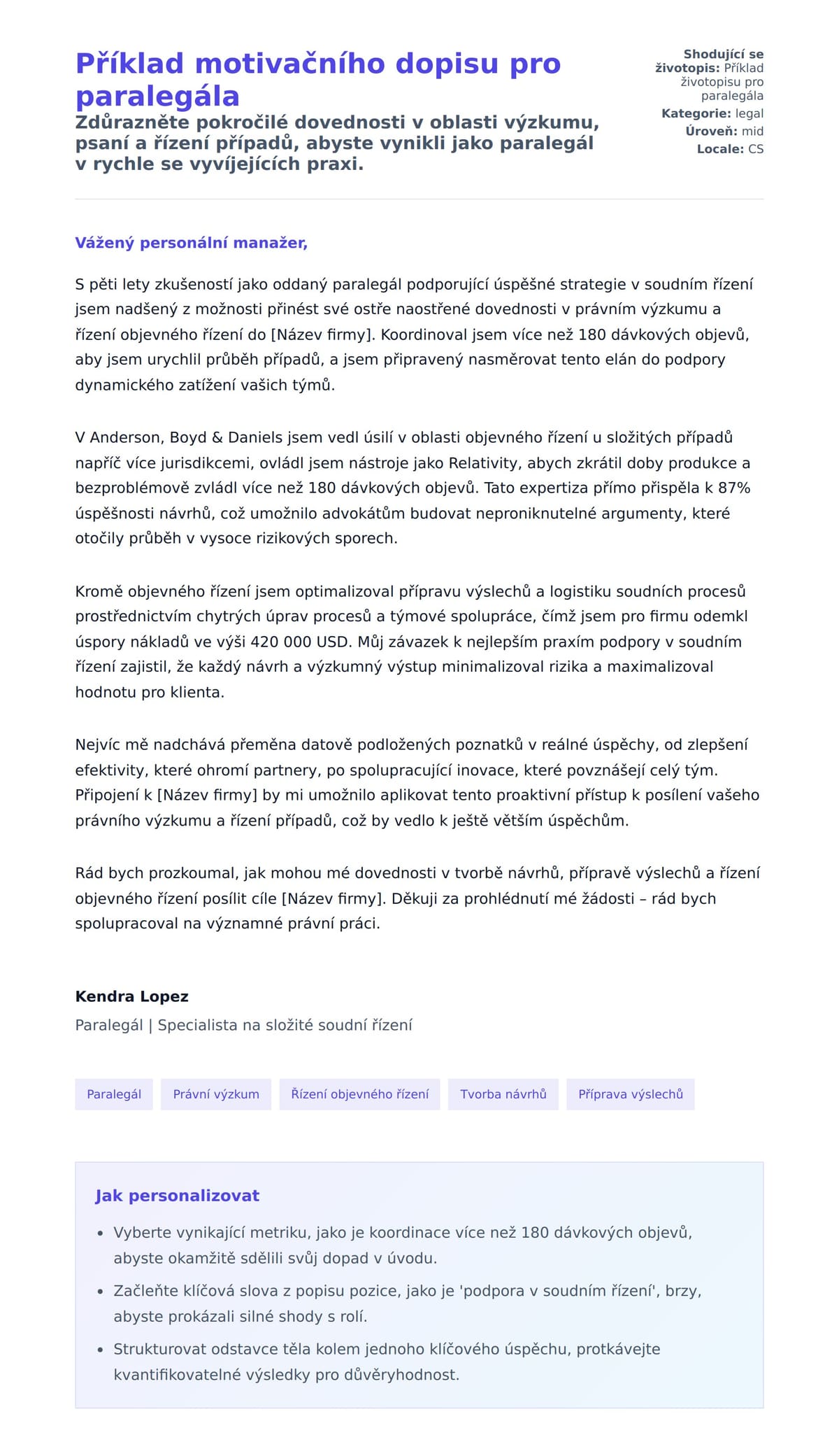 Náhled motivačního dopisu pro Příklad motivačního dopisu pro paralegála