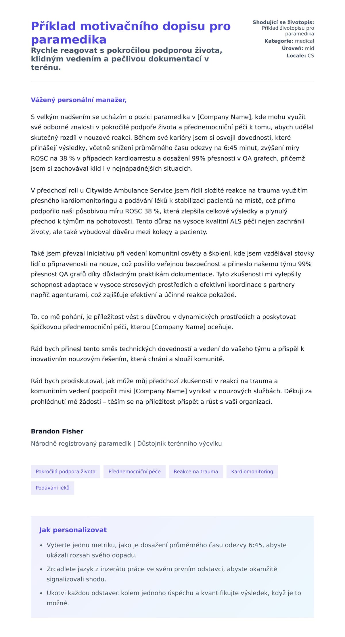 Náhled motivačního dopisu pro Příklad motivačního dopisu pro paramedika