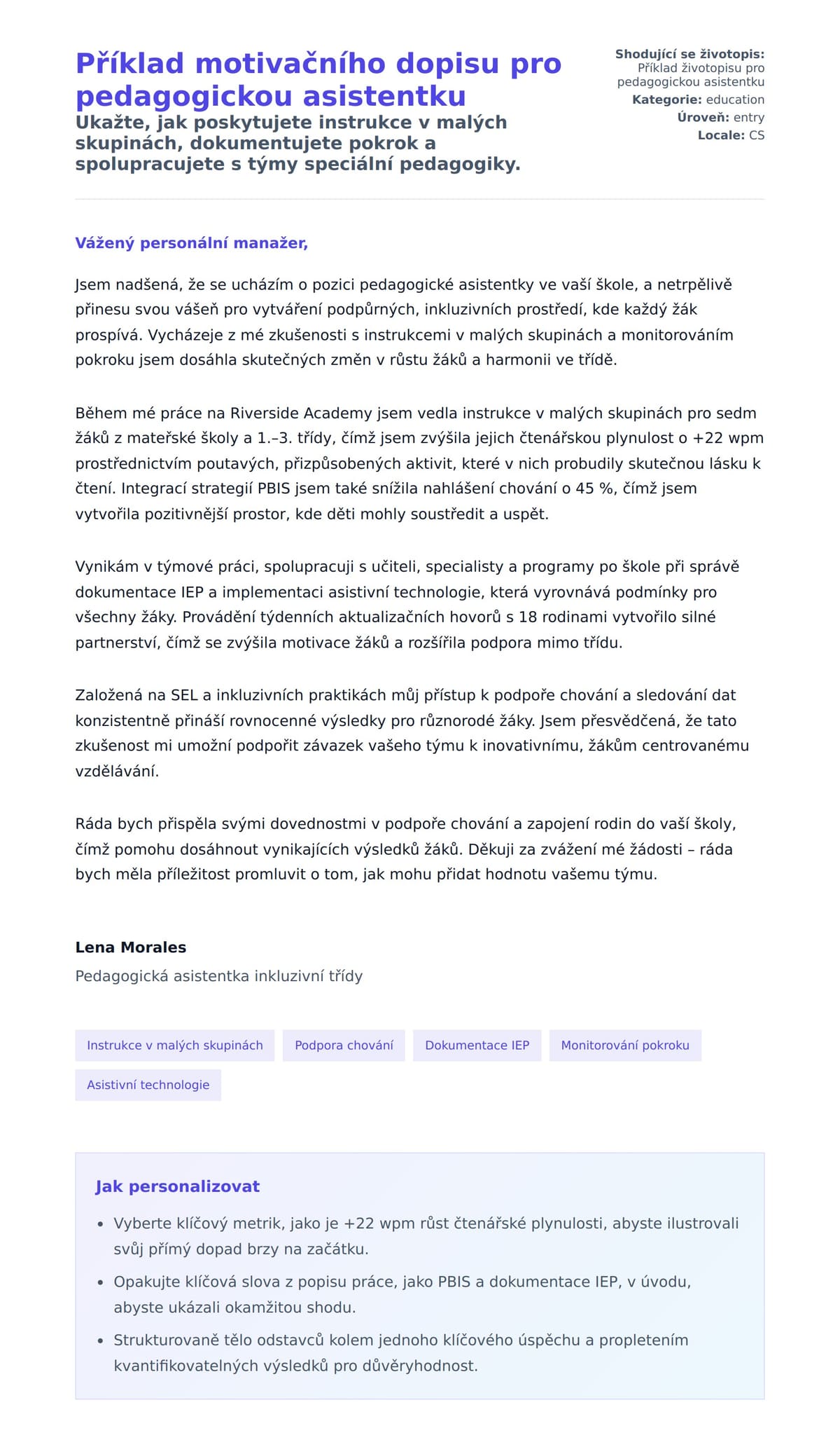 Náhled motivačního dopisu pro Příklad motivačního dopisu pro pedagogickou asistentku