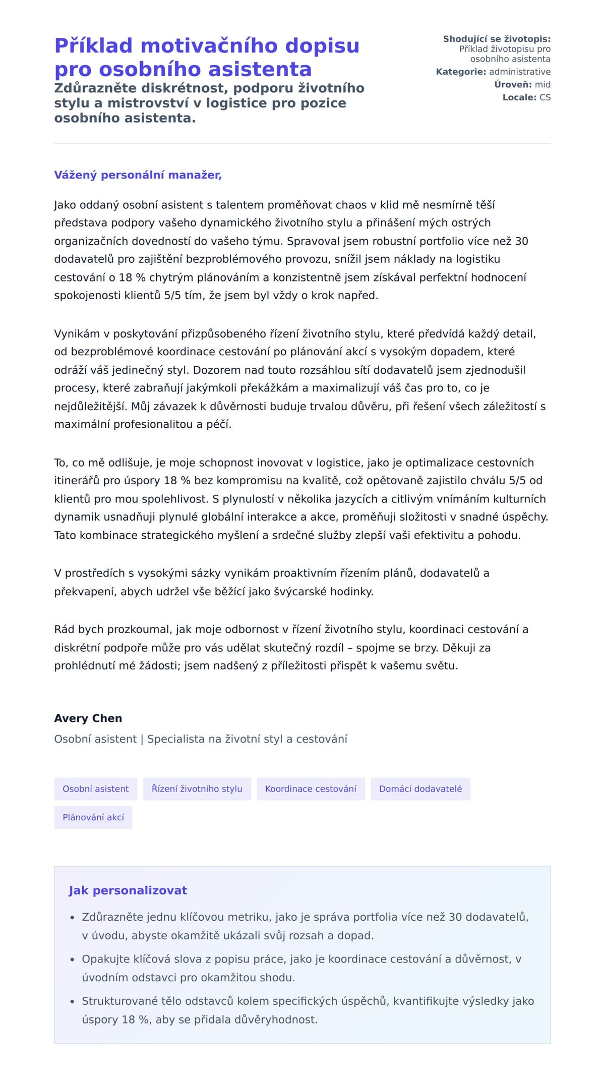 Náhled motivačního dopisu pro Příklad motivačního dopisu pro osobního asistenta